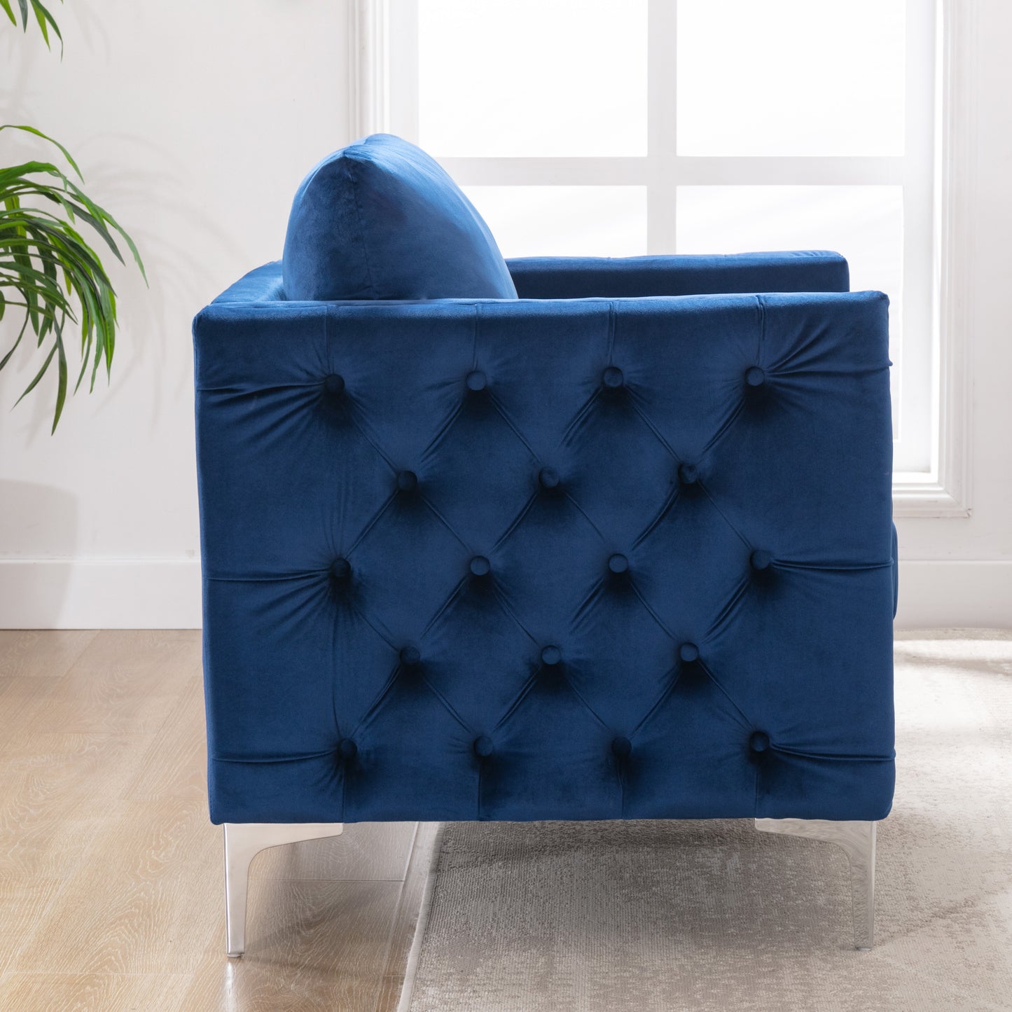 Modern Velvet Armchair Tufted Button Accent Chair Club Chair with Steel Legs for Living Room Bedroom,Navy