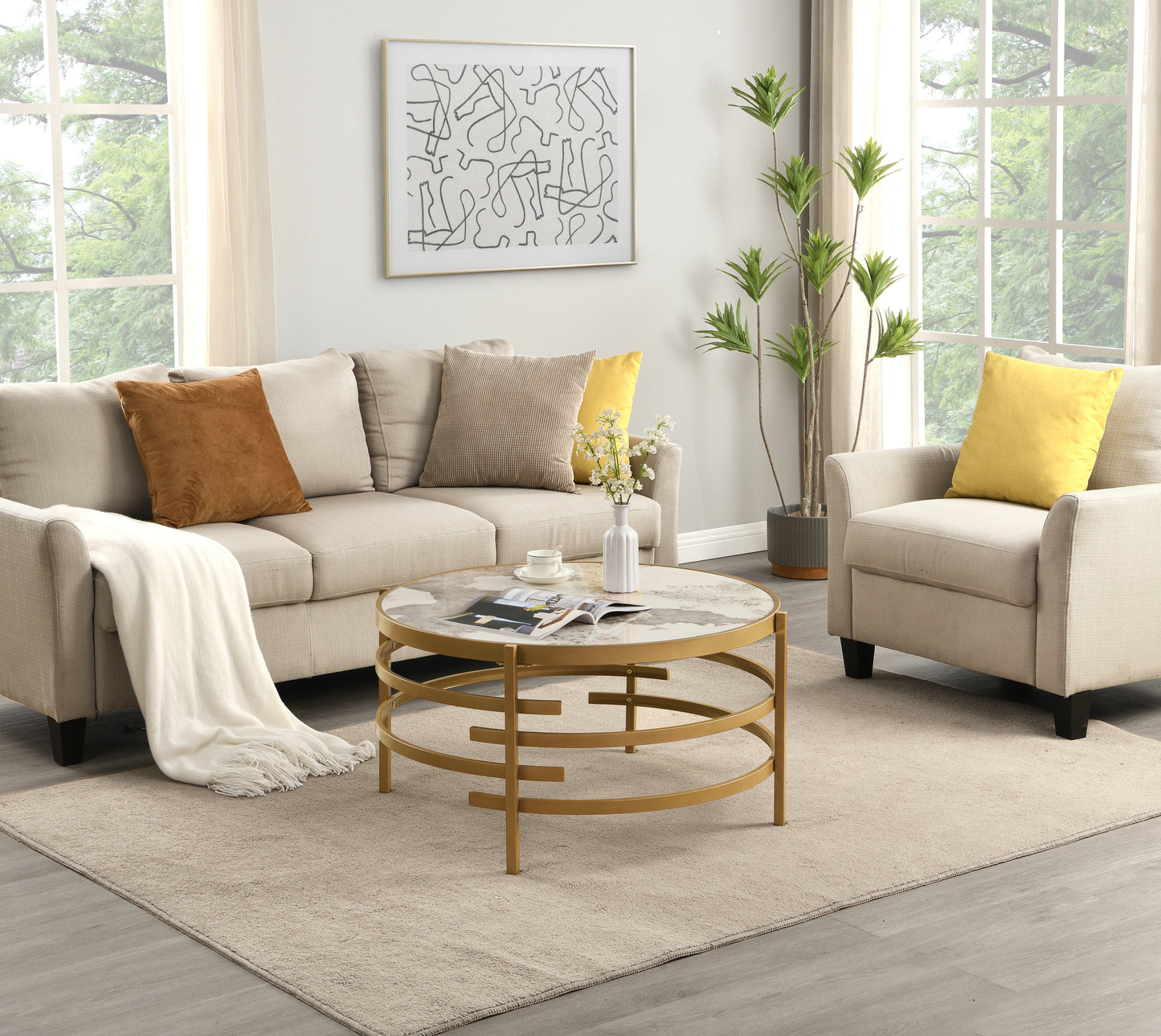 32.48'' Round  Coffee Table With Sintered Stone Top&Sturdy Metal Frame, Modern Coffee Table for Living Room, Golden