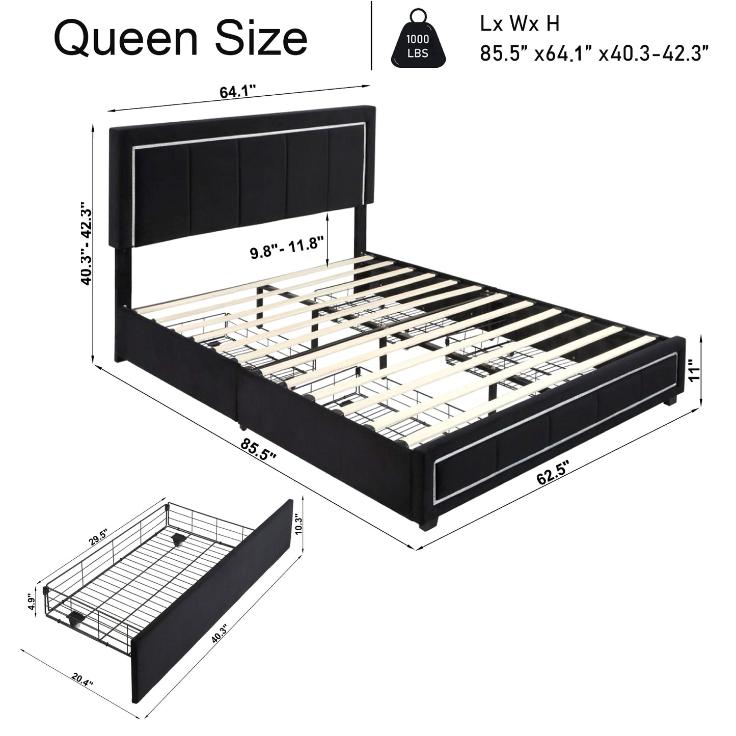Upholstered Queen Size Platform Bed with LED Lights, Storage Bed with 4 Drawers, Black color fabric