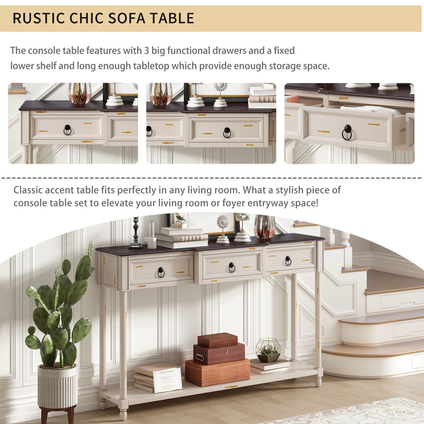 TREXM Console Table Sofa Table with Drawers for Entryway with Projecting Drawers and Long Shelf (Beige, OLD SKU: WF189574AAD)