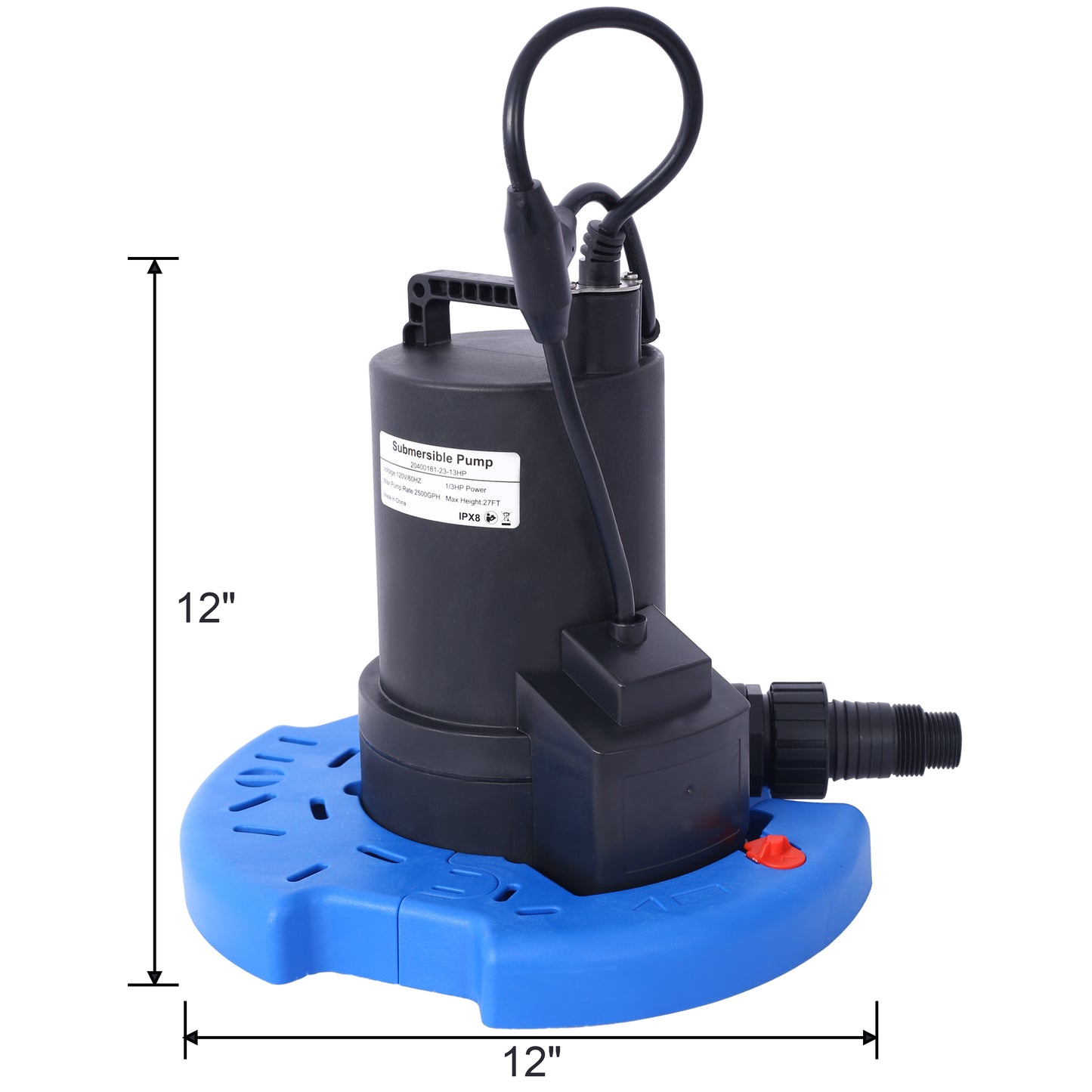 1/3 HP Automatic Swimming Pool Cover Pump 120 V Submersible with 3/4 Check Valve Adapter 2500 GPH Water Removal for Pool, Hot Tubs, Rooftops, Water Beds and more