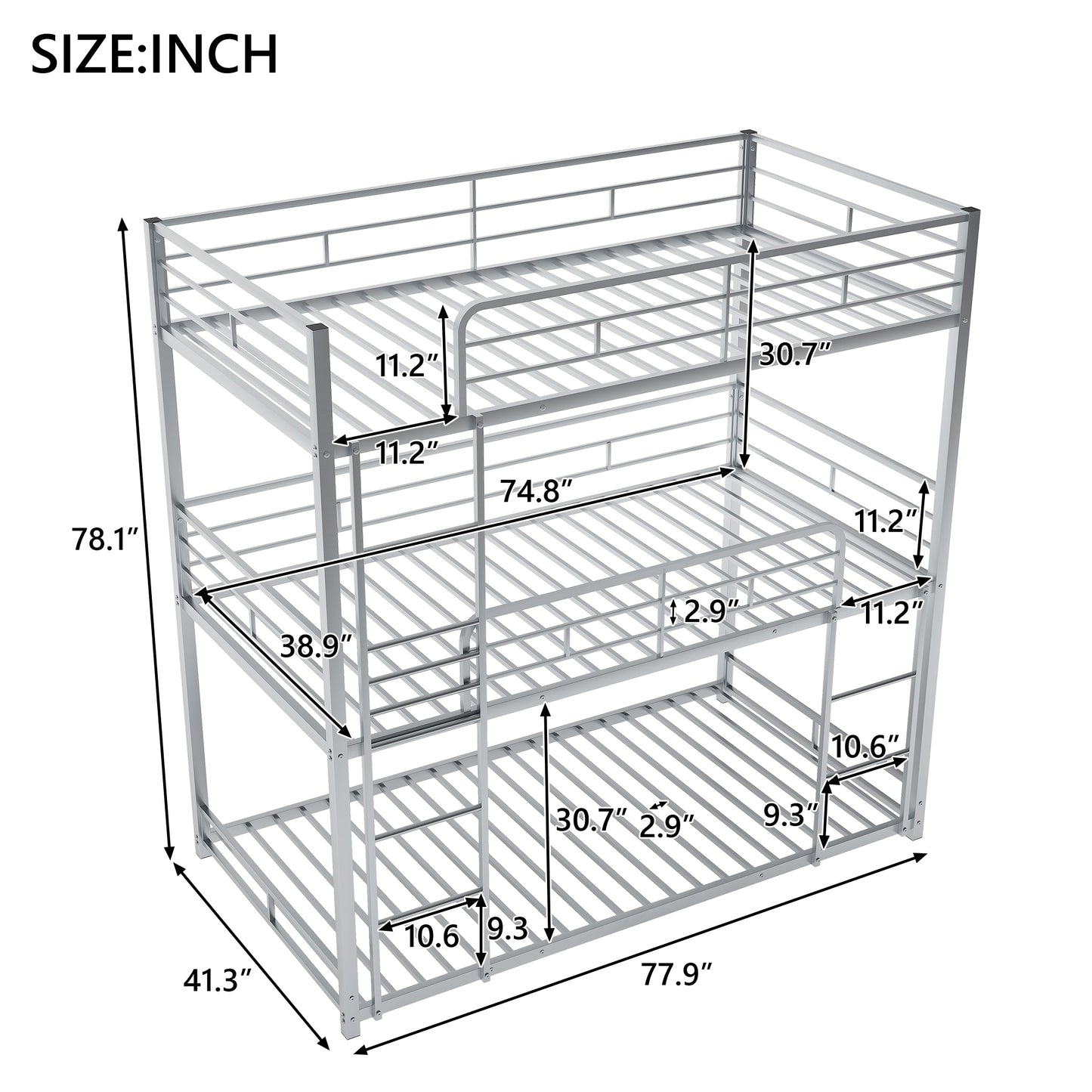Metal Twin Size Triple Bunk Bed, Silver