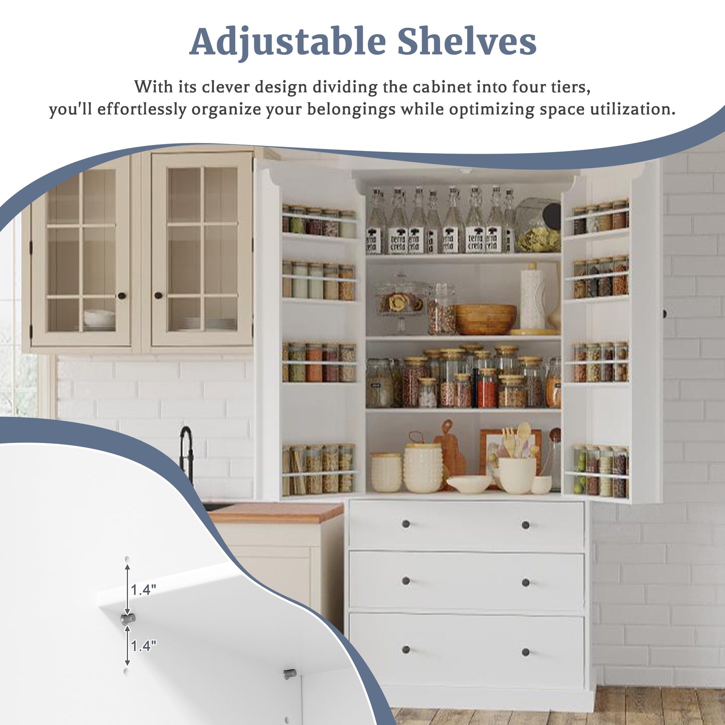 [Assembly Video Provided]TOPMAX 77inch Farmhouse Kitchen Pantry, Freestanding Tall Cupboard Storage Cabinet with 3 Adjustable Shelves, 8 Door Shelves, 3 Drawers for Kitchen, Dining Room, White
