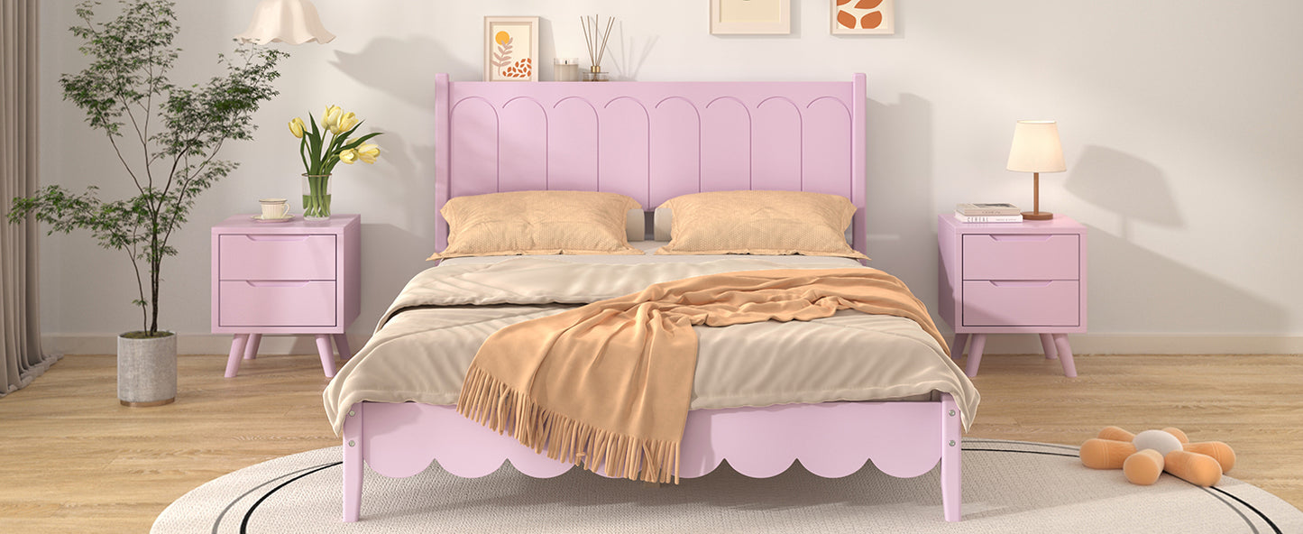Full Size Wood Platform Bed Frame, Retro Style  Bed with Rectangular Headboard,No Need Box Spring,Pink