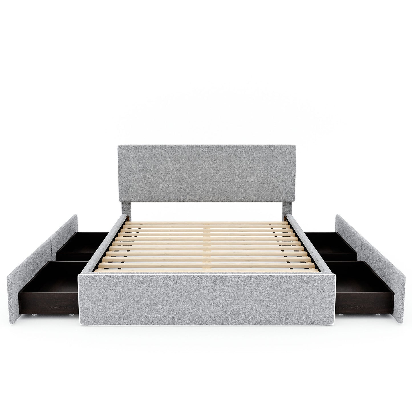 Queen Size Upholstered Platform Bed with 4 Drawers and White Edge on the Headboard & Footboard, Gray