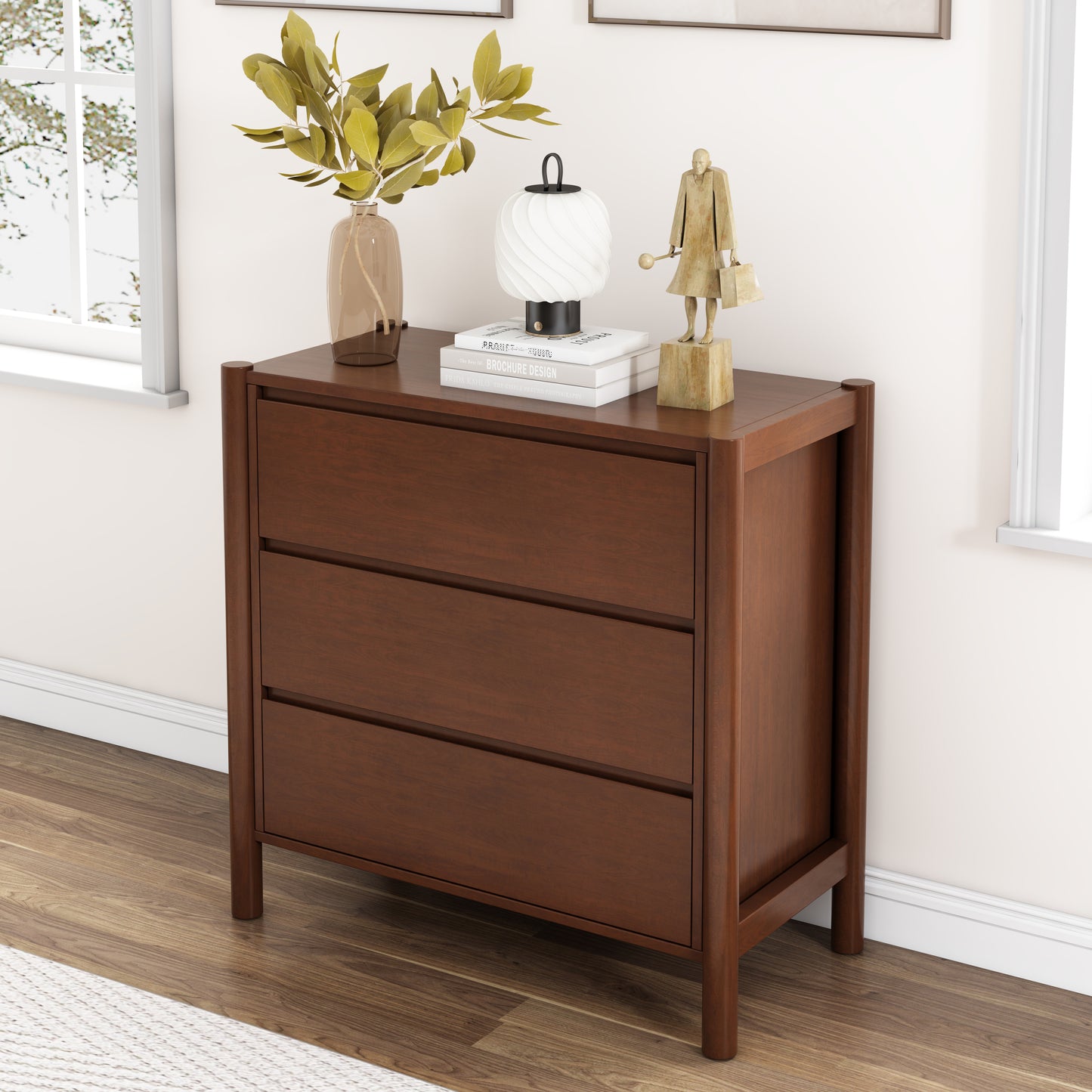 Mid Century Modern Wood 3-Drawer Chest Storage Cabinet Chest of Drawers for Bedroom, Living Room, Rich Walnut
