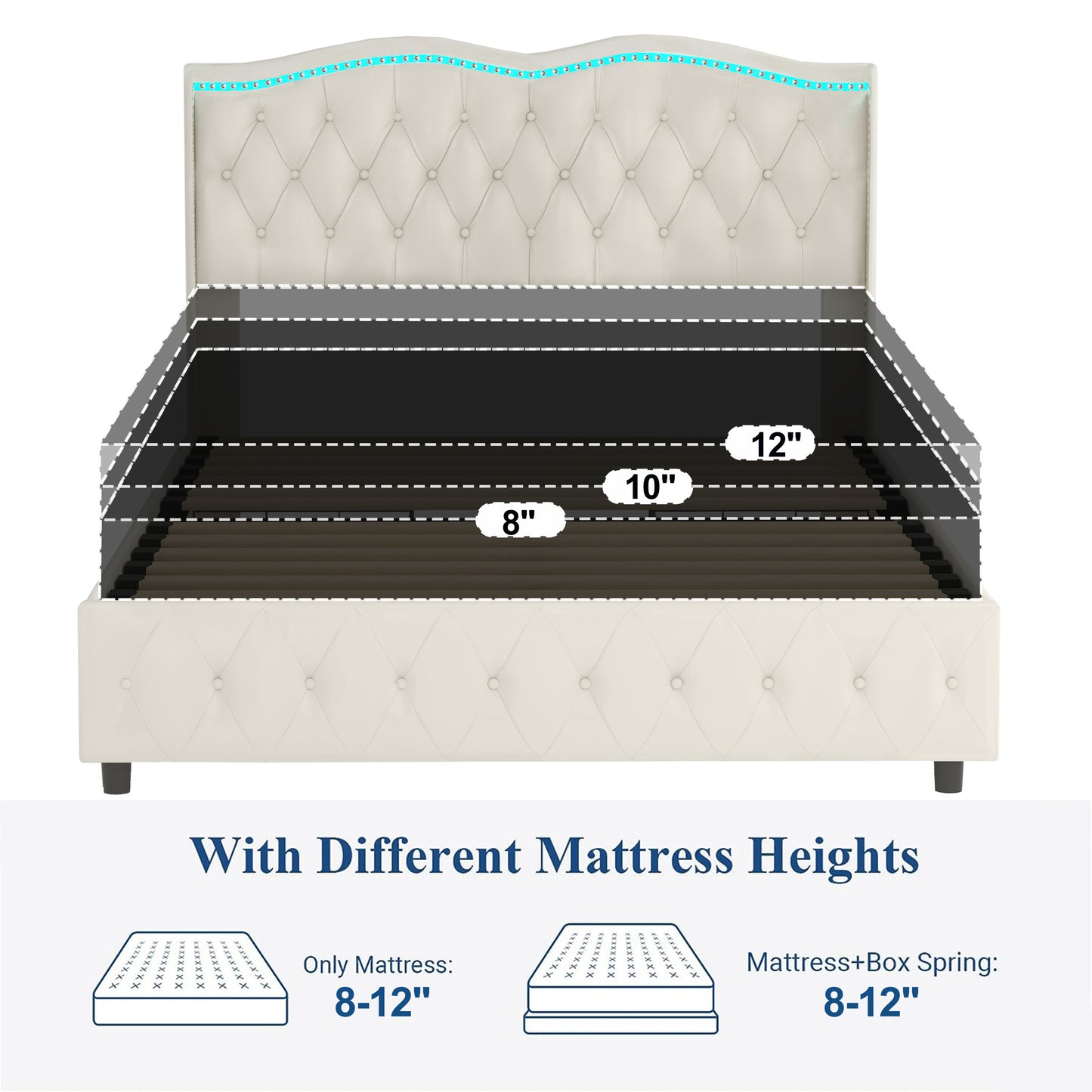 Queen Platform Bed Frame , Velvet Upholstered Bed with Deep Tufted Buttons and Nailhead Trim, Adjustable Colorful LED Light Decorative Headboard, Bed Sides with Pull-Out Storage 4 Drawers, Beige