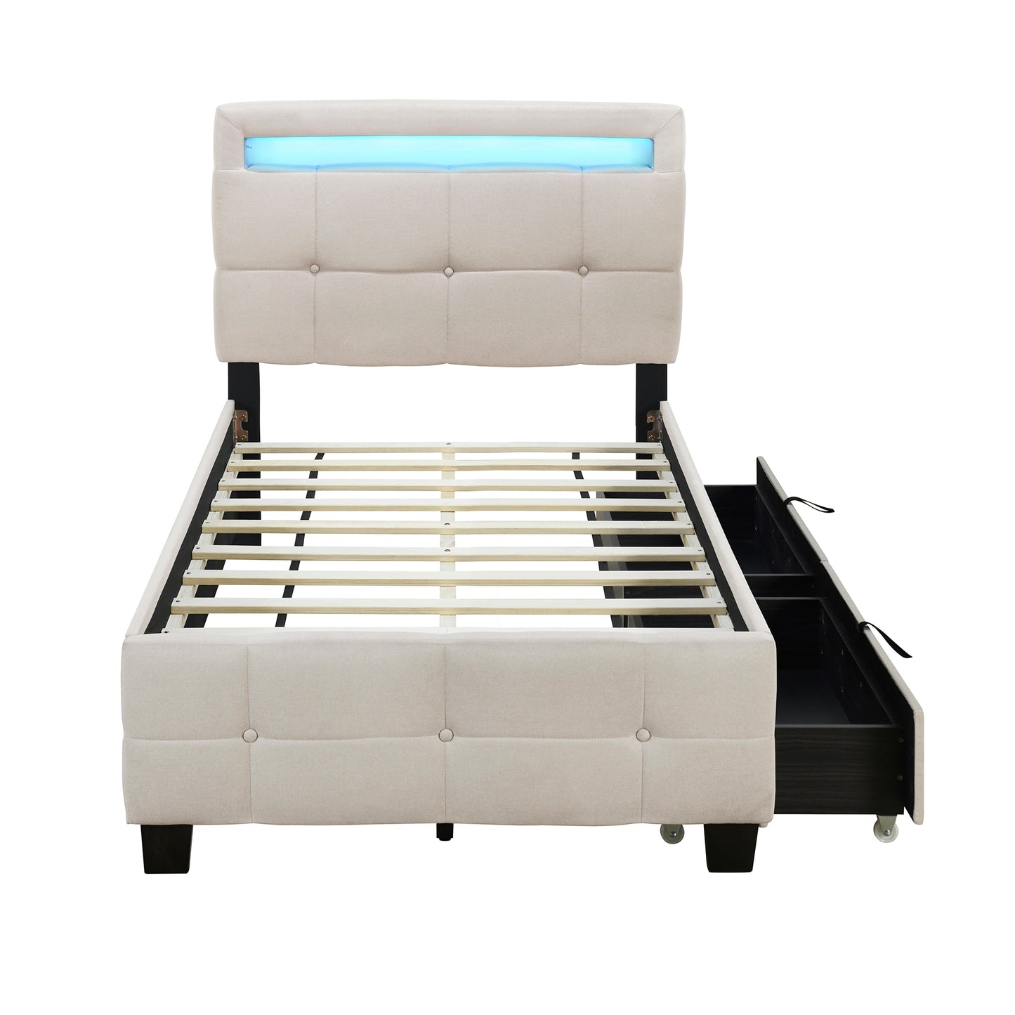 Twin Size Upholstered Platform Bed with LED Frame and 2 Drawers, Linen Fabric, Beige