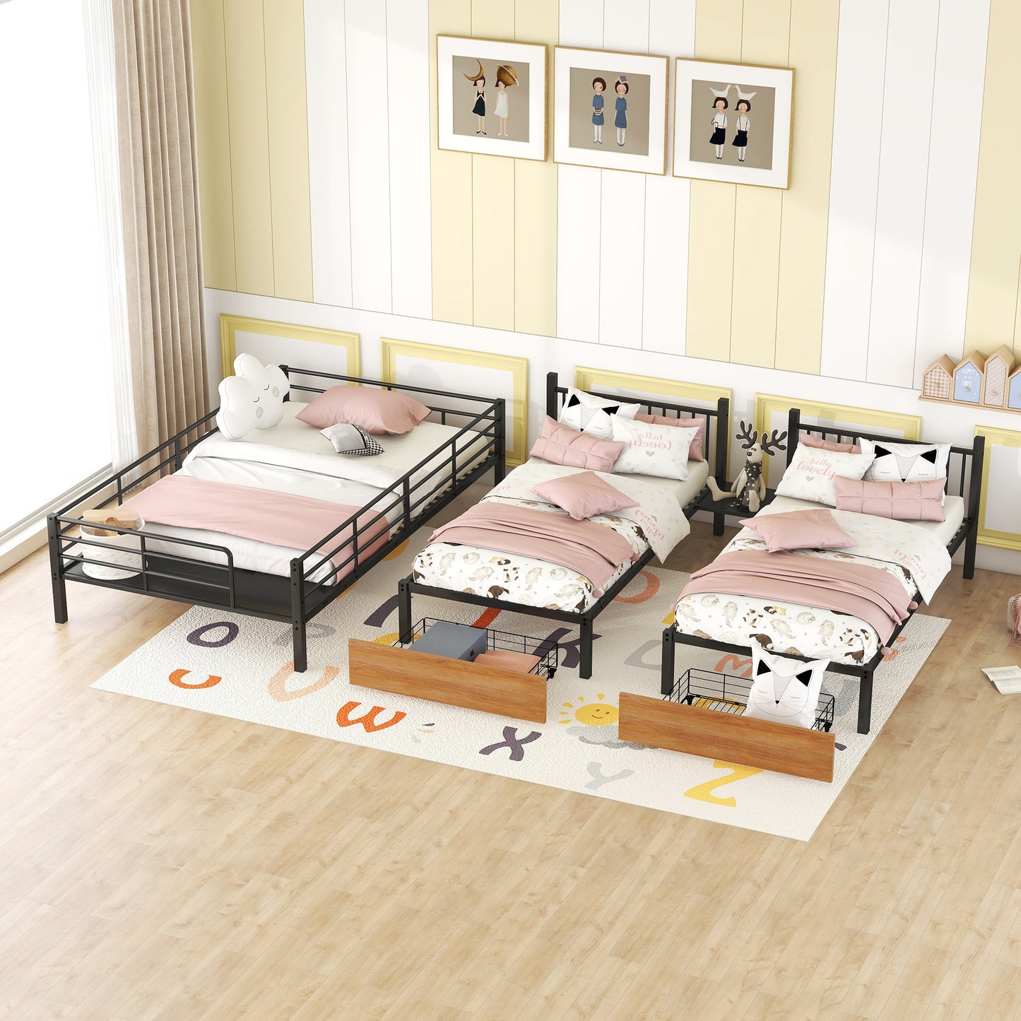 Full over Twin-Twin Triple bunk bed with drawers and staircase, Black