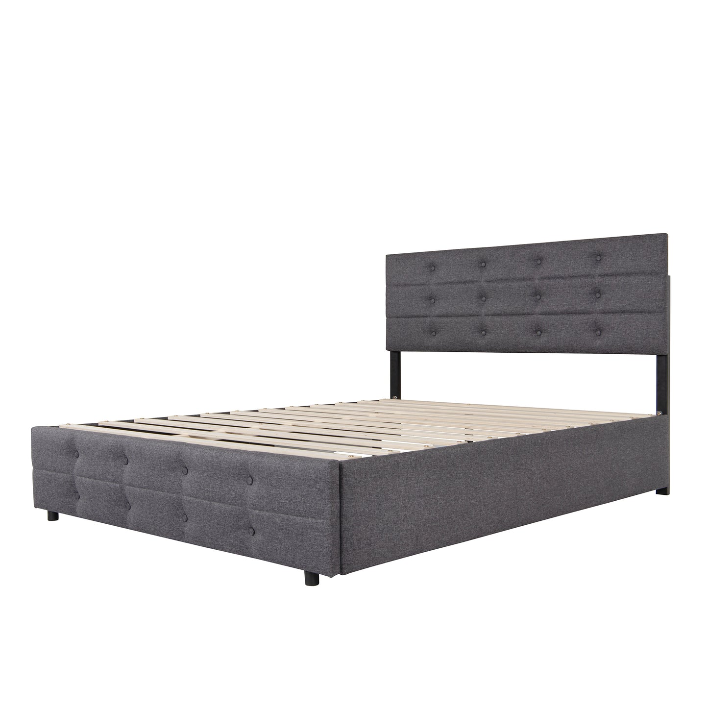 Queen Size Upholstered Linen Fabric Trundle bed with drawers Grey
