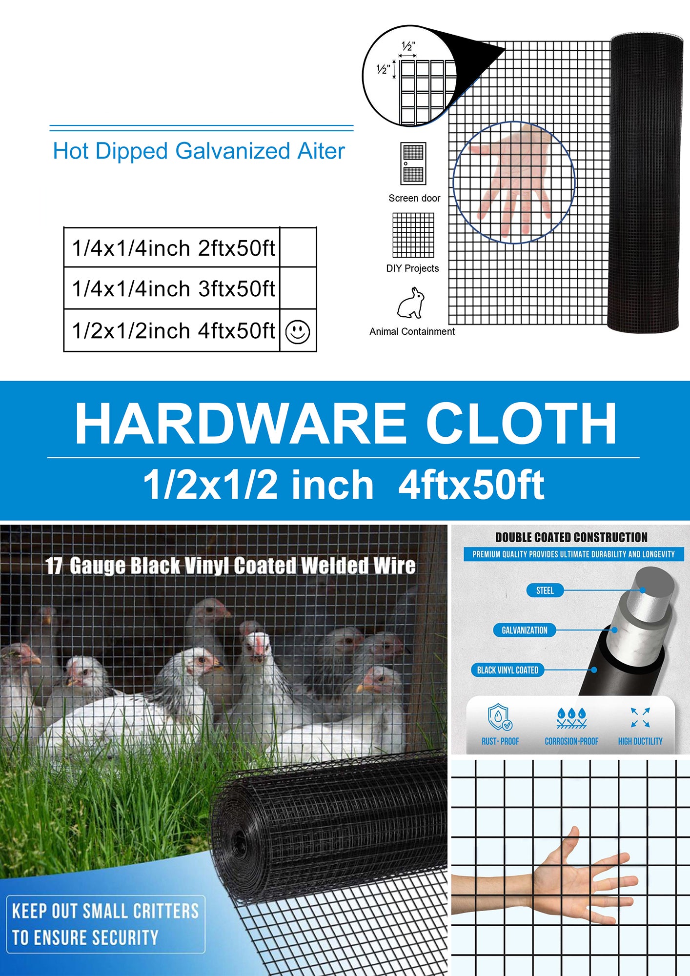 48 inch×50 ft Black Vinyl Coated Hardware Cloth, 19 Gauge 1/2 inch Black PVC Hardware Cloth, Black Welded Wire Fence Supports Poultry-Netting Cage-Home Improvement and Chicken Coop