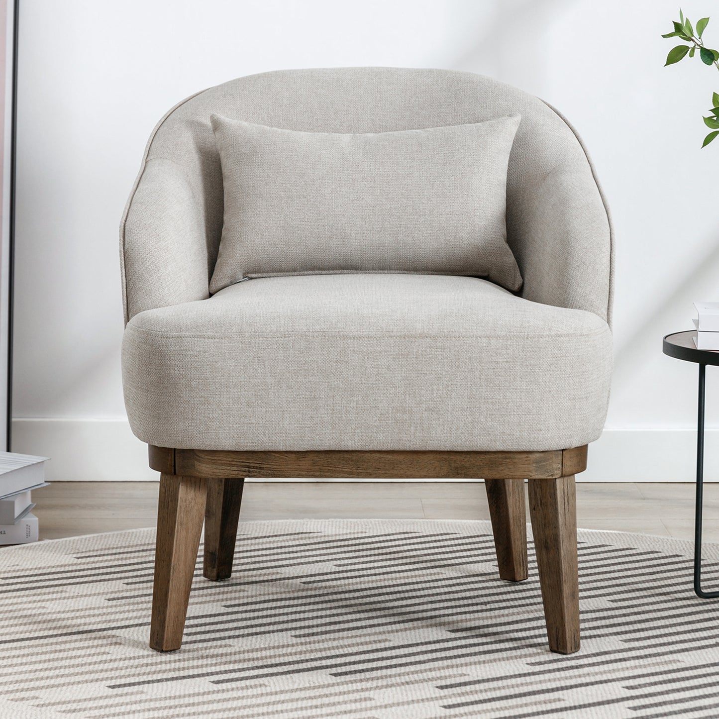 Modern Mid-Century Armchair Accent Chair with Pillow and Solid Wood leg, Beige