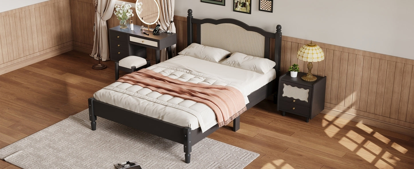 Full Size Wooden Platform Bed with Natural Rattan Headboard, Vintage Bed Frame with Wooden Slat Support, Black (Expected Arrival Time: 08.23)