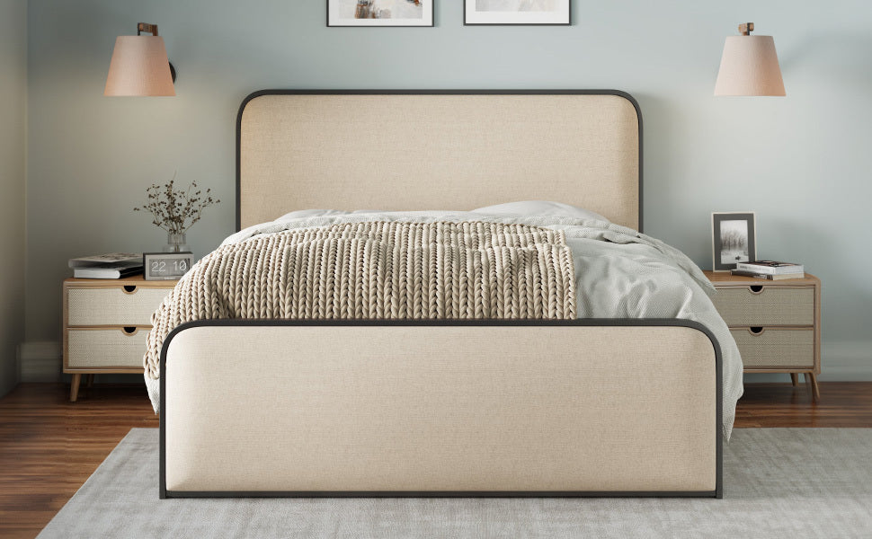 Modern Metal Bed Frame with Curved Upholstered Headboard and Footboard Bed with Under Bed Storage, Heavy Duty Metal Slats, King Size, Beige