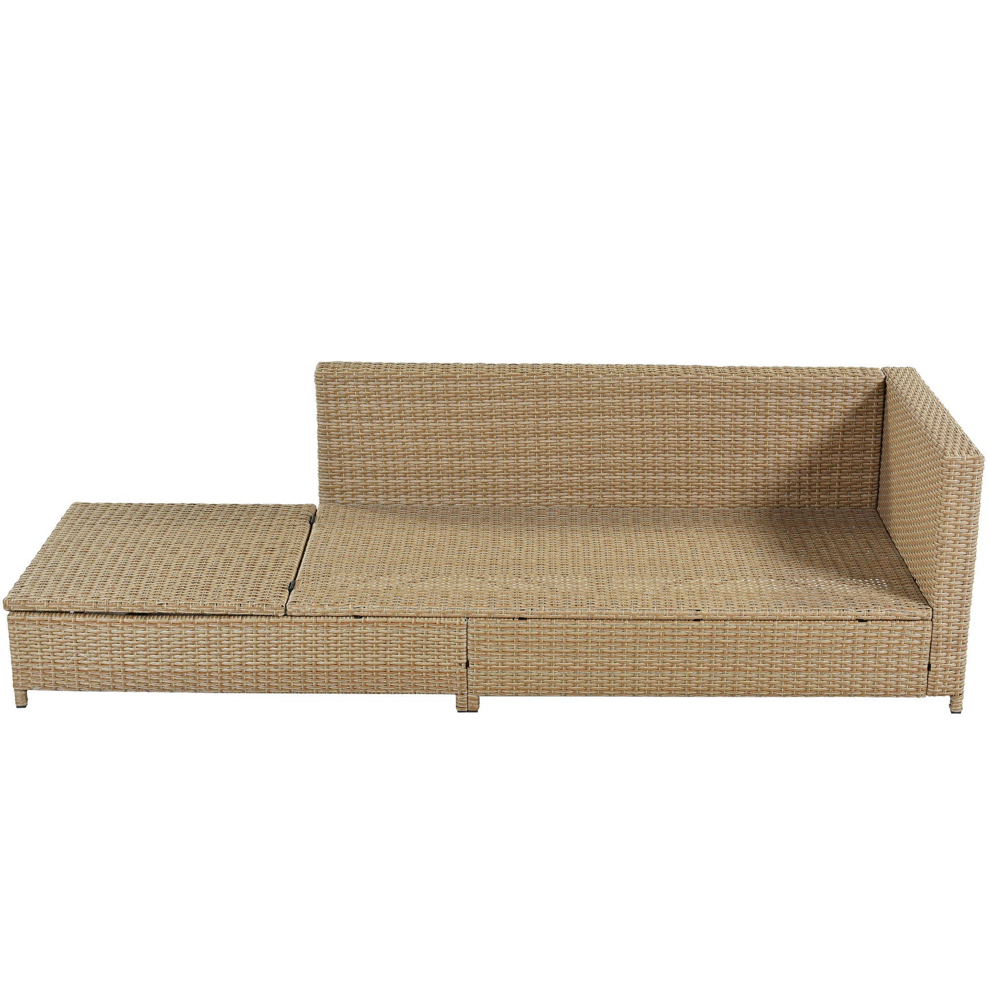 TOPMAX Patio 3-Piece Rattan Sofa Set All Weather PE Wicker Sectional Set with Adjustable Chaise Lounge Frame and Tempered Glass Table, Natural Brown