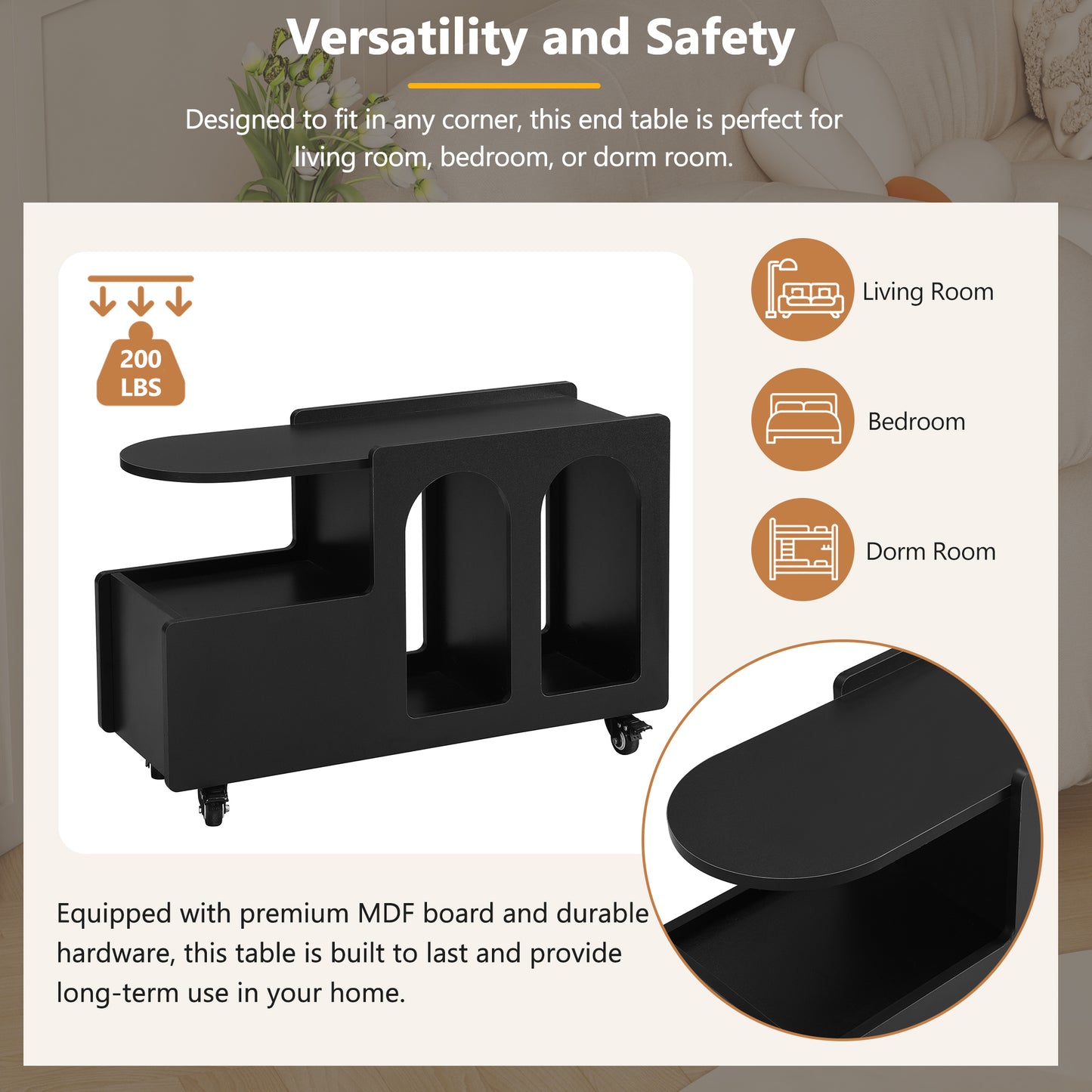 ON-TREND Mobile End Table with lockable wheels, Cream Style Side Table with Storage Drawer, 11.8inch Narrow Nightstand with Multi-layer Storage, Living Room, Black