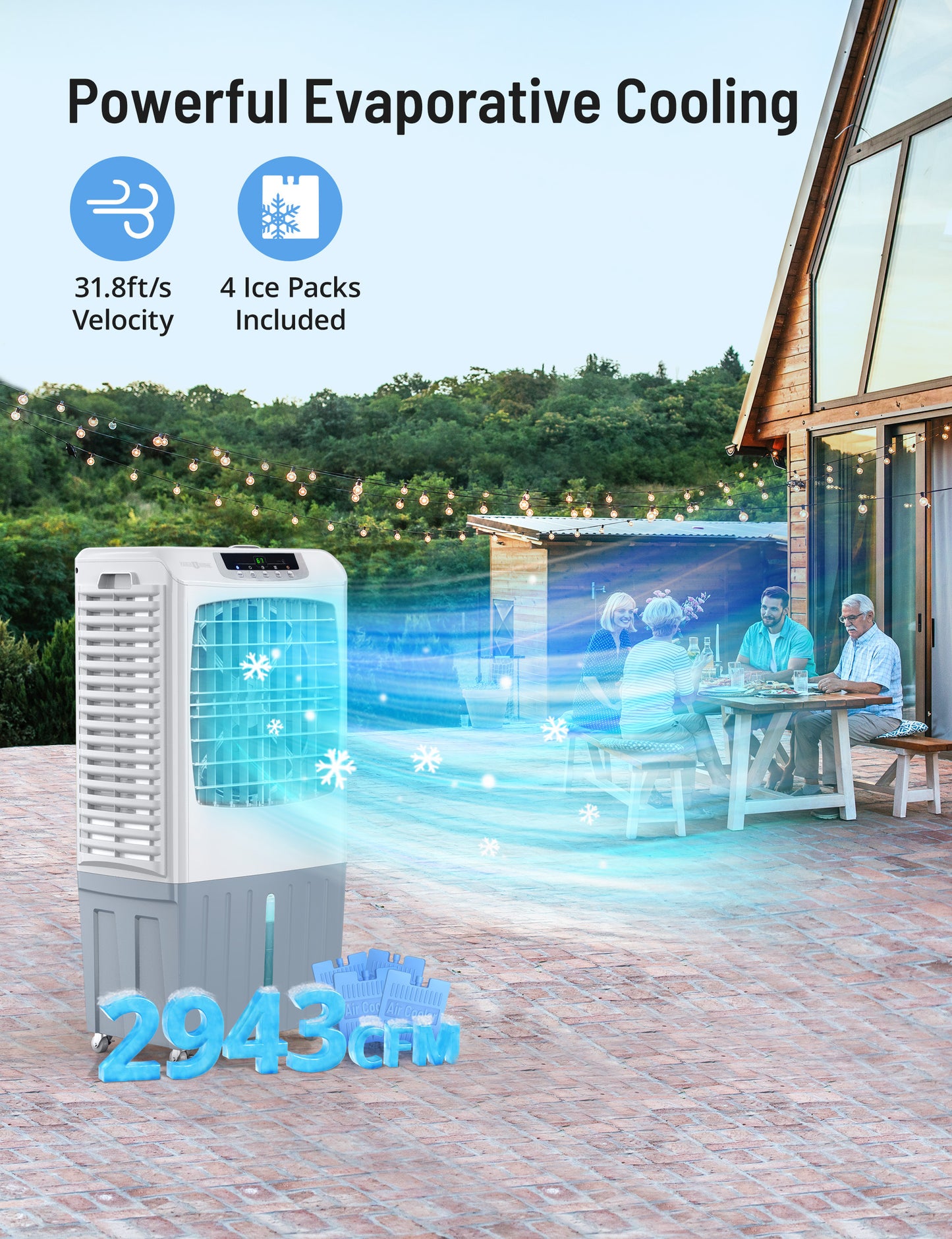 Evaporative Cooler, 2943 CFM Windowless Air Cooler, 120°Oscillation Swamp Cooler with 10.6 Gal Water Tank