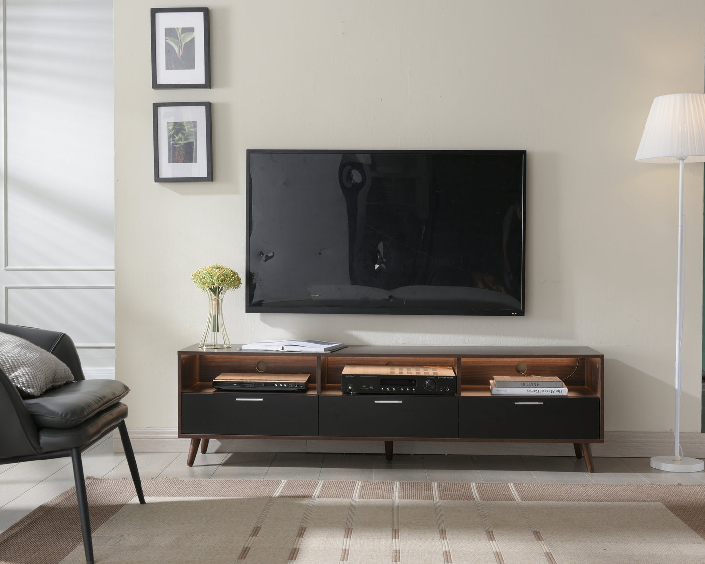 LED TV Stand LED Entertainment Center with Storage Modern LED Media Console Tables LED TV Cabinet for Living Room Bedroom and Office Walnut