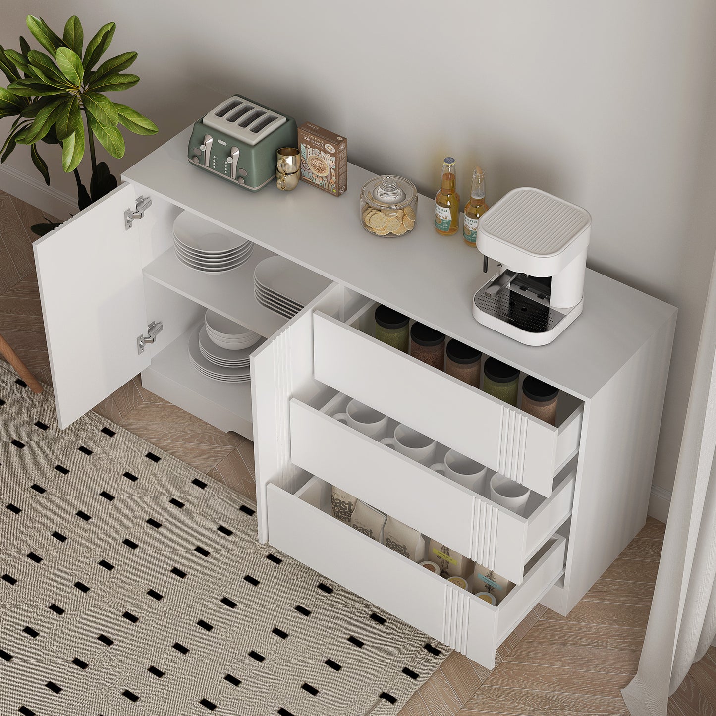 Sideboard Buffet Cabinet with Storage, Modern Kitchen Buffet Storage Cabinet with Drawer and Doors,  Large Coffee Bar with Adjustable Shelves for Kitchen