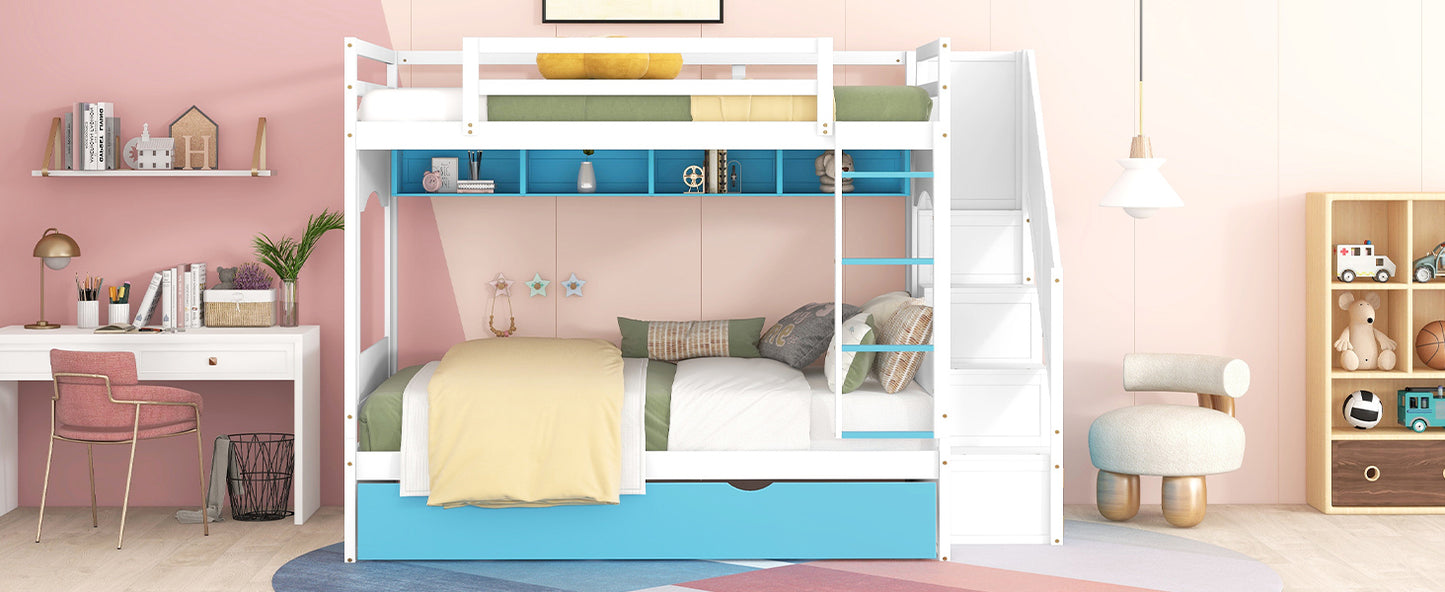 Full Over Full Bunk Bed with Trundle ,Stairs,Ladders Solid Wood Bunk bed with Storage Cabinet (White + Blue)