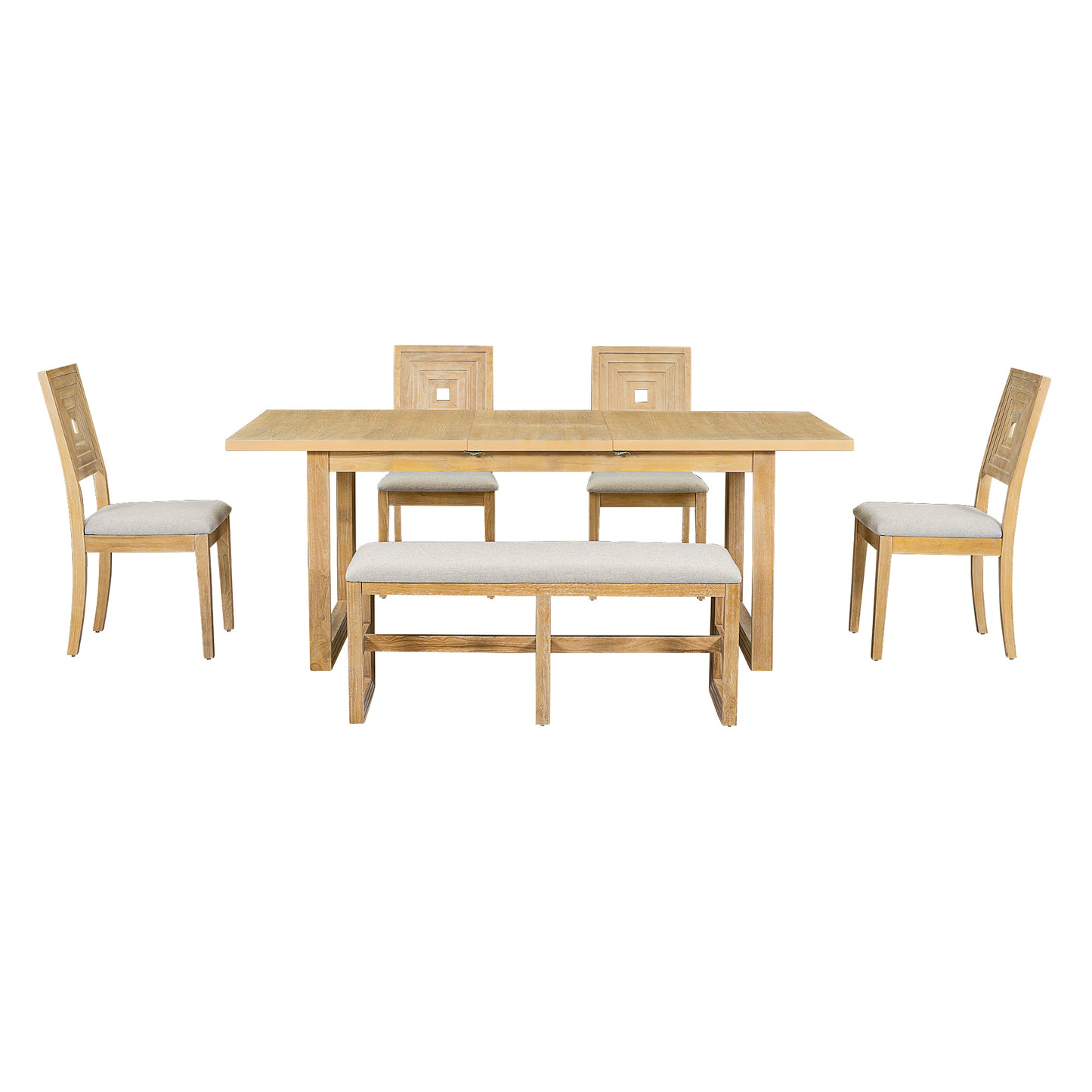 TOPMAX Modern 78inch 6-Piece Extendable Dining Table Set, 4 Upholstered Dining Chairs and Dining Bench, 18" Butterfly Leaf, Natural