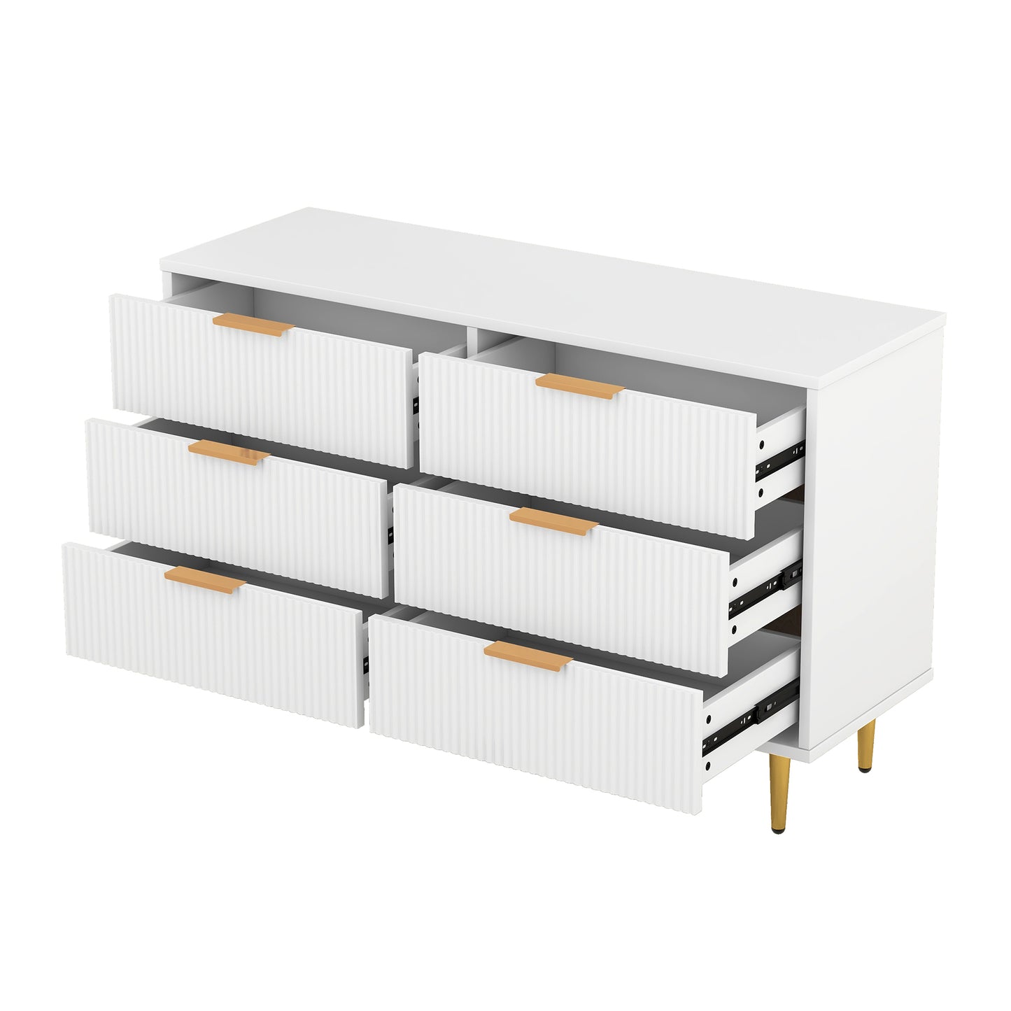 6 Drawer Dresser with Metal Leg and Handle for Bedroom, Storage Cabinet with Vertical Stripe Finish Drawer, White