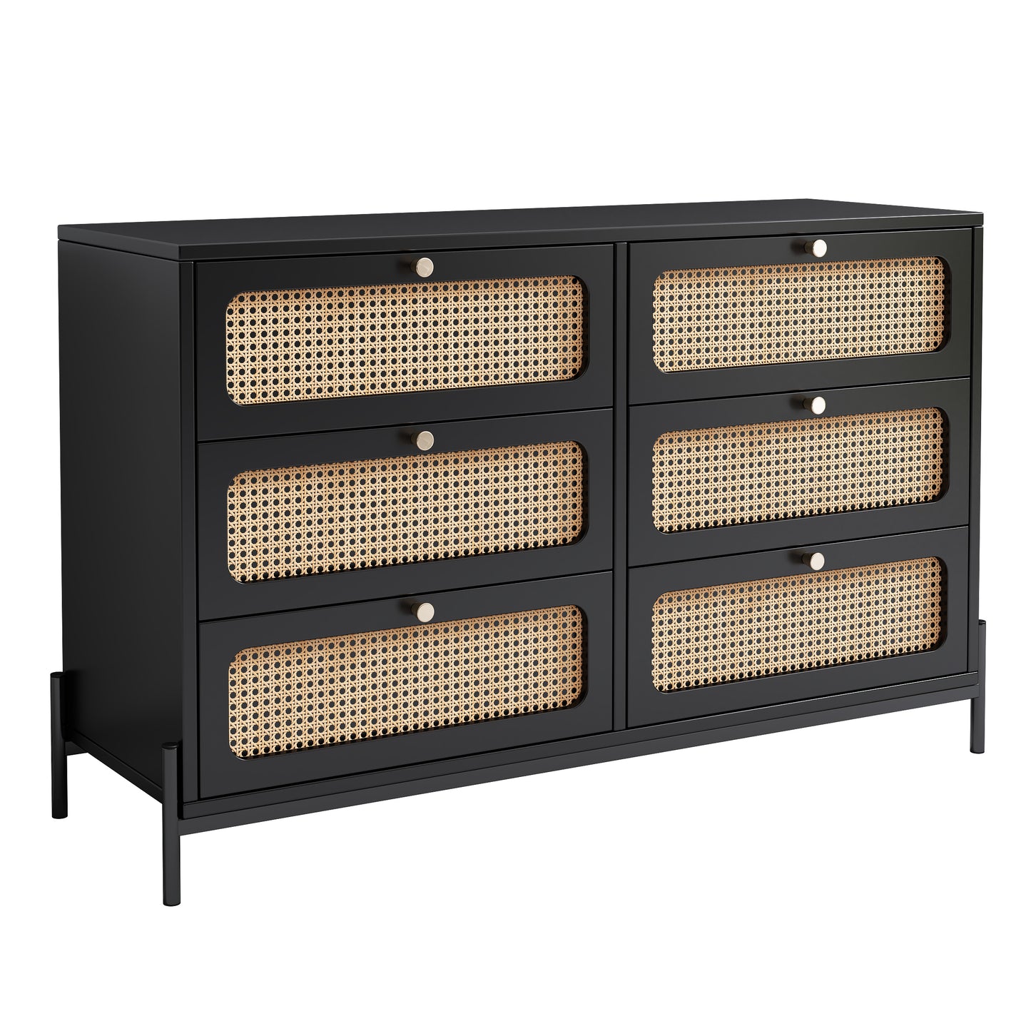 Modern Cannage Rattan Wood Closet 6-Drawer Dresser Wood Storage Cabinet Sideboard for Bedroom, Living Room, Entryway, Hallway, Black