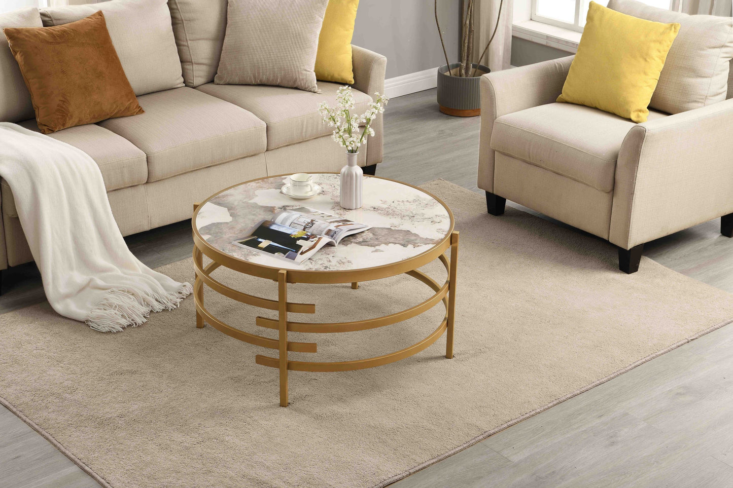 32.48'' Round  Coffee Table With Sintered Stone Top&Sturdy Metal Frame, Modern Coffee Table for Living Room, Golden