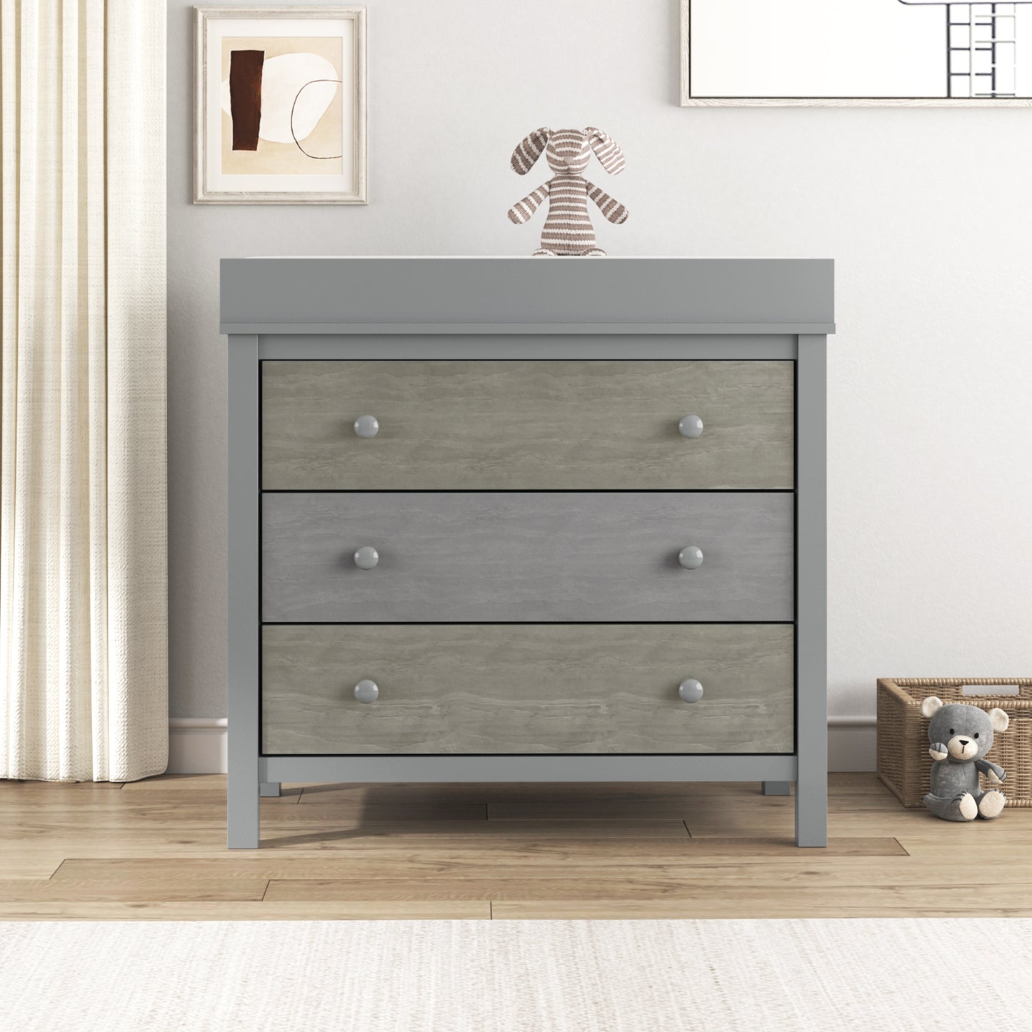 3 Pieces Nursery Sets Baby Crib and Changer Dreeser with Removable Changing Tray Bedroom Sets Gray