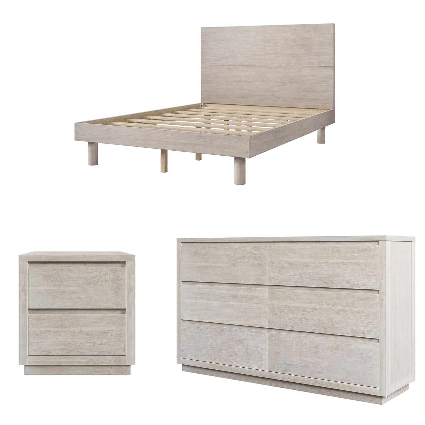 3 Pieces Modern Concise Style Bedroom Set Solid Wood Grain Platform Full Bed Frame + Nightstand +6-Drawer Dresser, Stone Gray