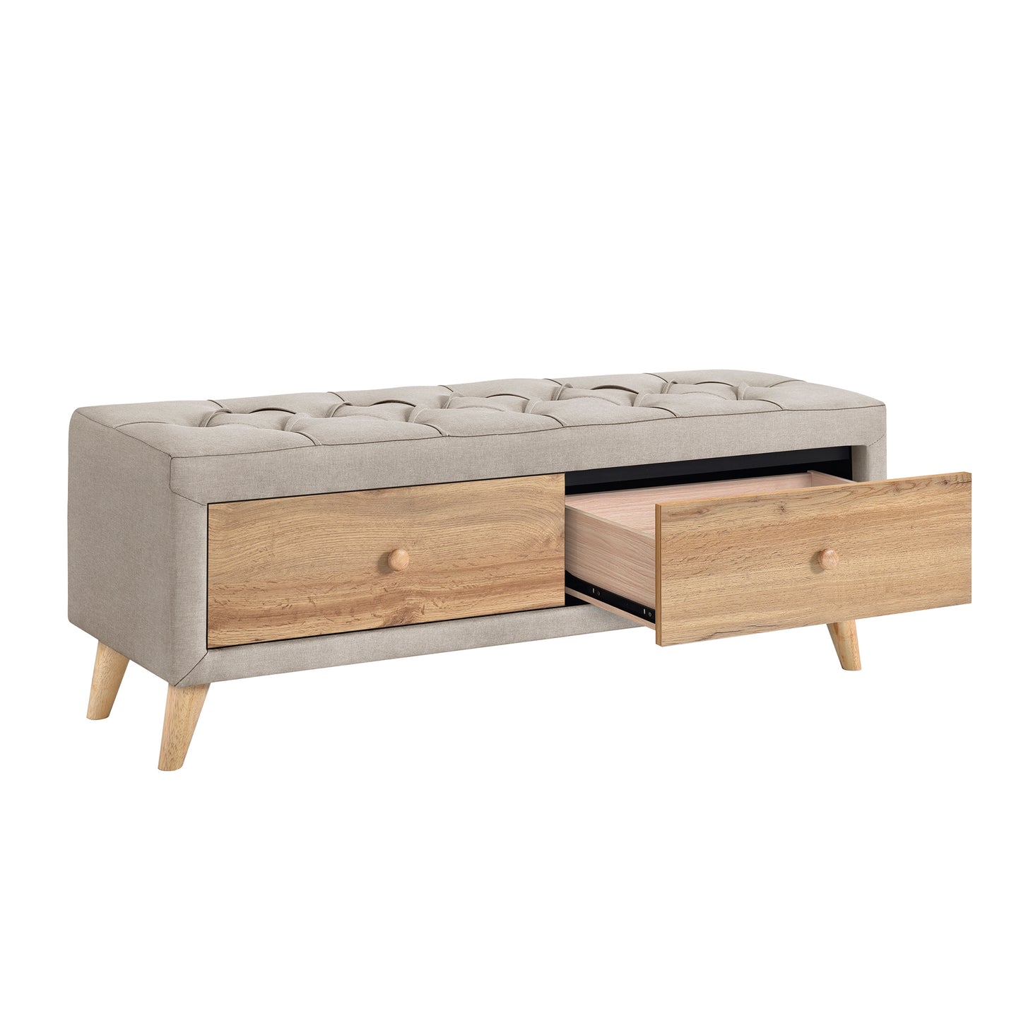 Upholstered Wooden Storage Ottoman Bench with 2 Drawers For Bedroom,Fully Assembled Except Legs and Handles,Padded Seat with Rubber Wood Leg-Beige