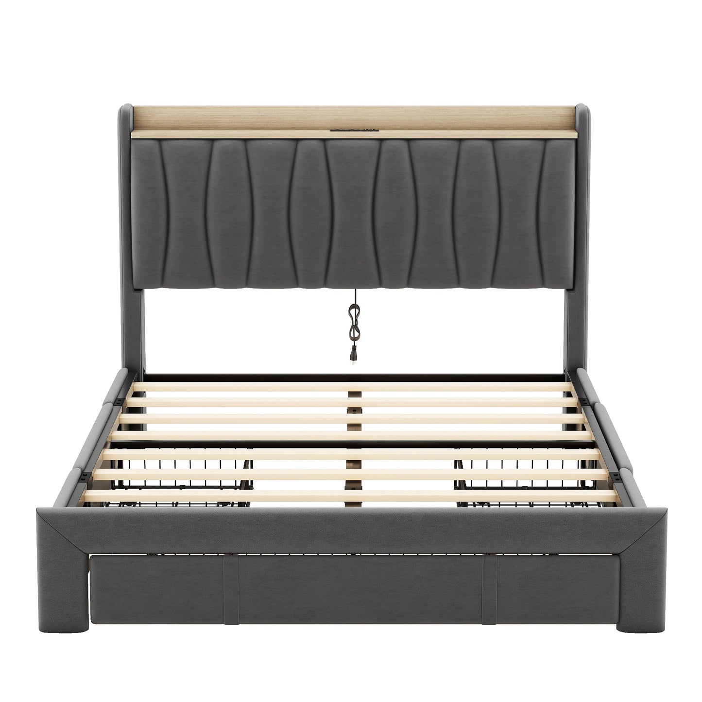 Queen Size Bed Frame with Storage Headboard and Charging Station, Upholstered Platform Bed with 3 Drawers, No Box Spring Needed, Dark Gray
