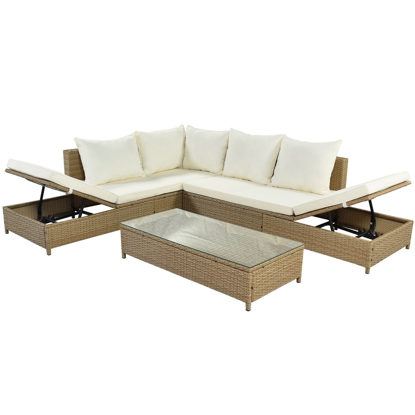 TOPMAX Patio 3-Piece Rattan Sofa Set All Weather PE Wicker Sectional Set with Adjustable Chaise Lounge Frame and Tempered Glass Table, Natural Brown