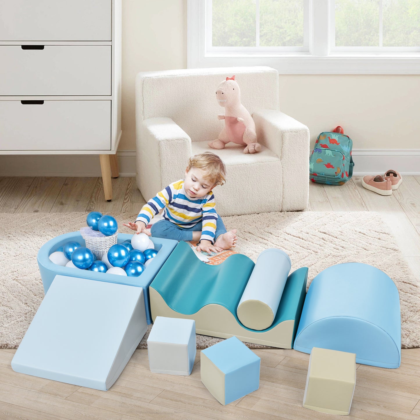 Soft Climb and Crawl Foam Playset 8 in 1 , Safe Soft Foam Nugget Block for Infants, Preschools, Toddlers, Kids Crawling and Climbing Indoor Active Play Structure