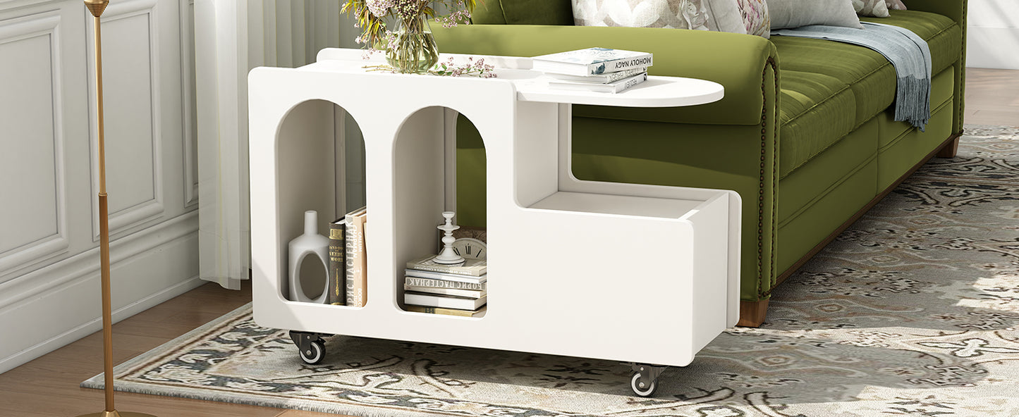 ON-TREND Mobile End Table with lockable wheels, Cream Style Side Table with Storage Drawer, 11.8inch Narrow Nightstand with Multi-layer Storage, Living Room, White