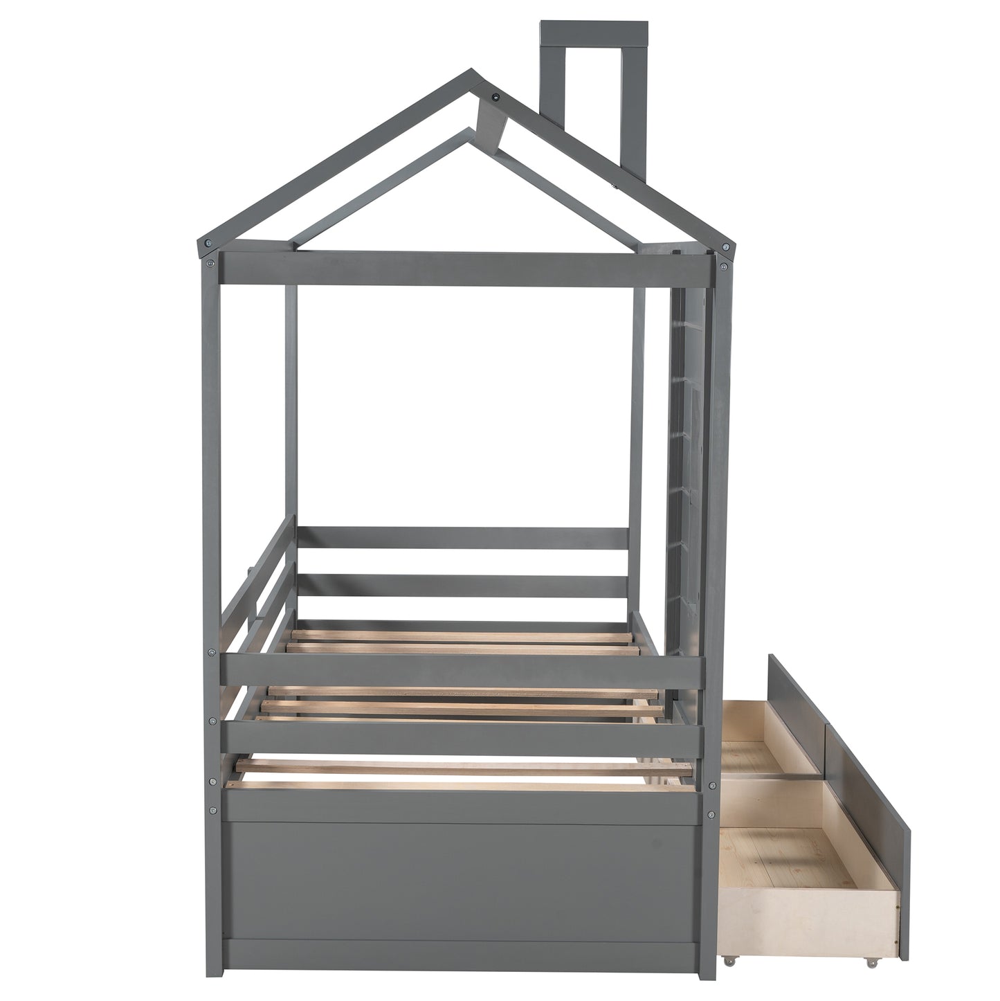 Twin Size House Bed Wood Bed with Two Drawers ( Gray )