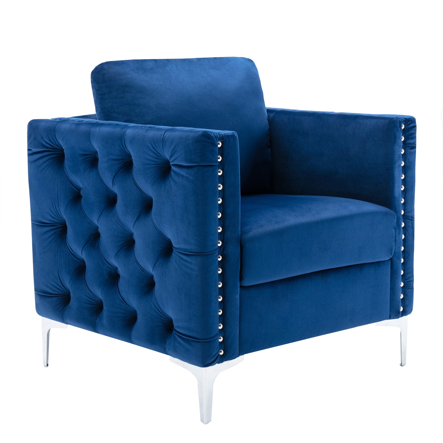 Modern Velvet Armchair Tufted Button Accent Chair Club Chair with Steel Legs for Living Room Bedroom,Navy