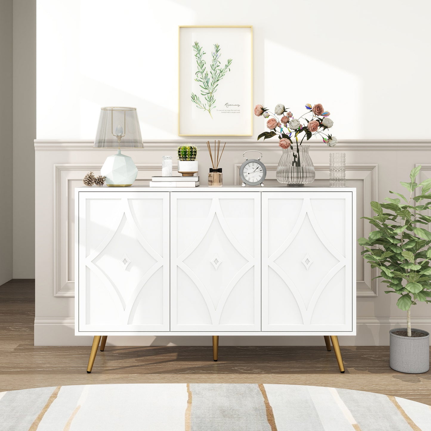 3 Door Storage Cabinet Accent Cabinet with Storage,Sideboard with Adjustable Shelf, Kitchen Cabinet, Diamond-shaped decoration Door for Living Room, Kitchen, Dining Room ,Enchence