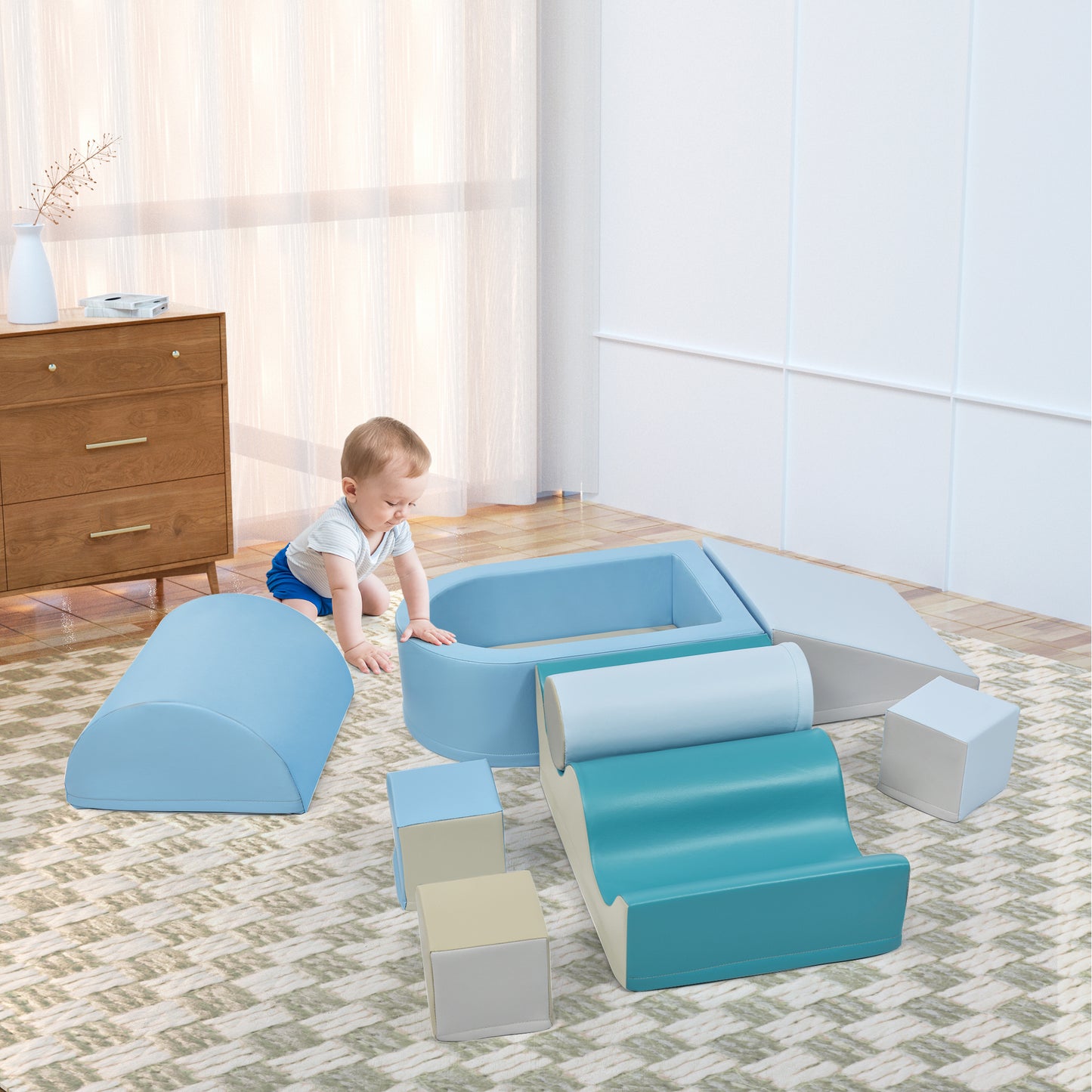 Soft Climb and Crawl Foam Playset 8 in 1 , Safe Soft Foam Nugget Block for Infants, Preschools, Toddlers, Kids Crawling and Climbing Indoor Active Play Structure