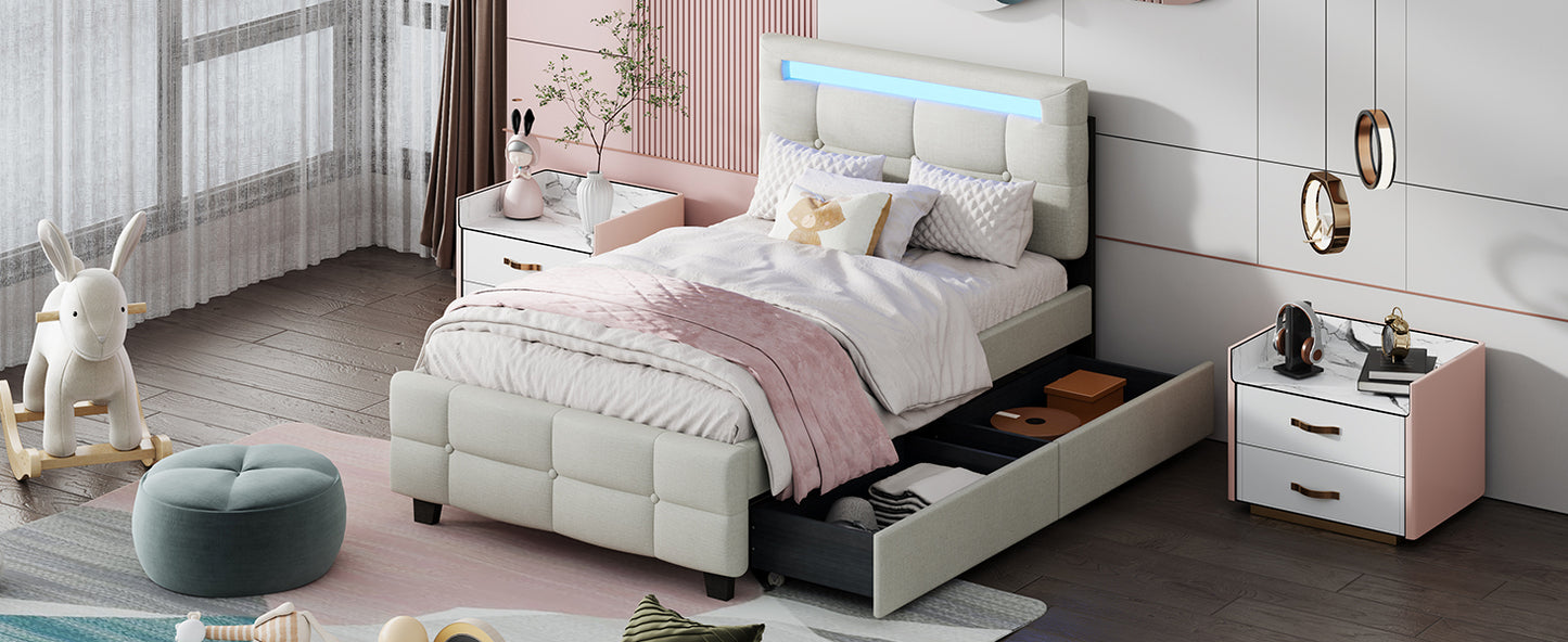 Twin Size Upholstered Platform Bed with LED Frame and 2 Drawers, Linen Fabric, Beige