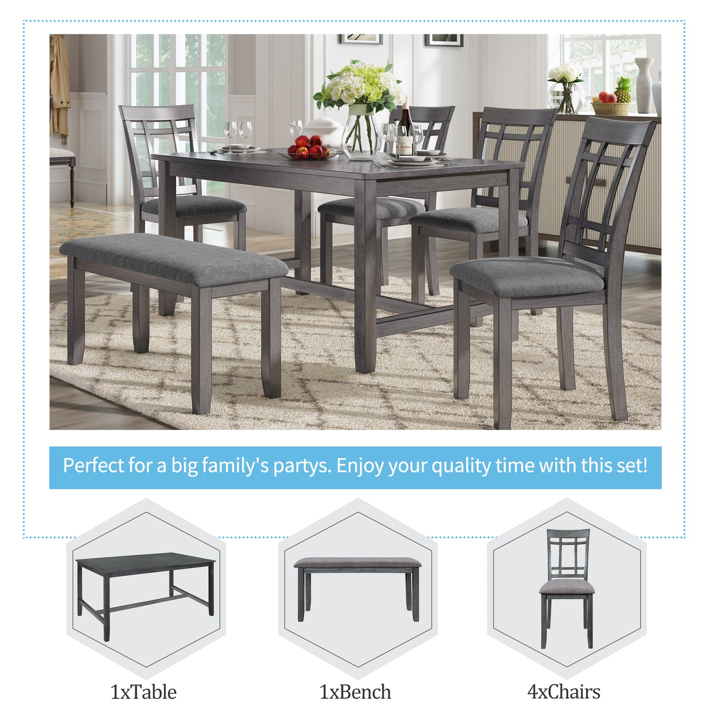 TOPMAX 6 Piece Wooden Dining Table set, Kitchen Table set with 4 Chairs and Bench, Farmhouse Rustic Style,Gray