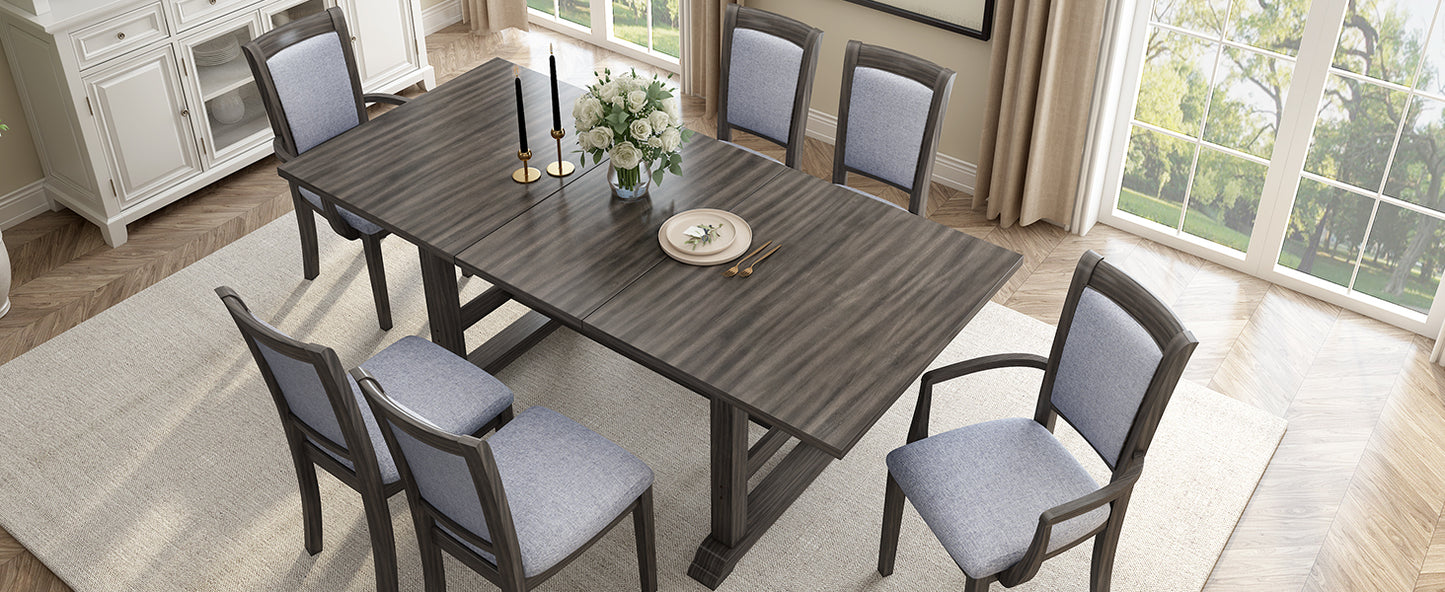 TOPMAX 7-Piece Updated 76.9inch Extendable Trestle Dining Table Set with Removable Leaf, Kitchen Table Set with Upholstered Side Chair and Arm Chair, Set of 6, Grey