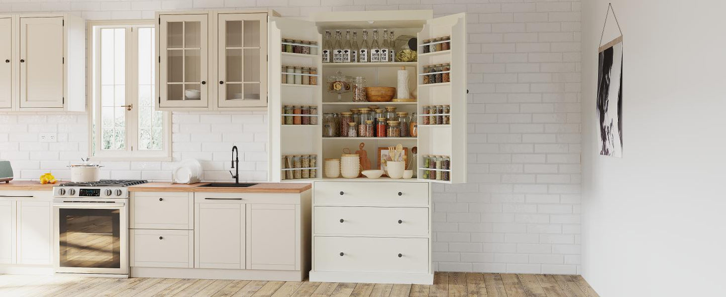 [Assembly Video Provided]TOPMAX 77inch Farmhouse Kitchen Pantry, Freestanding Tall Cupboard Storage Cabinet with 3 Adjustable Shelves, 8 Door Shelves, 3 Drawers for Kitchen, Dining Room, Cream