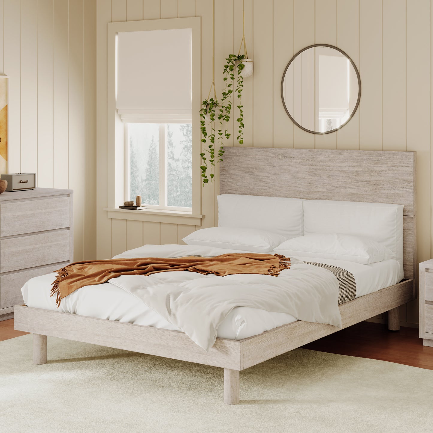 3 Pieces Modern Concise Style Bedroom Set Solid Wood Grain Platform Full Bed Frame + Nightstand +6-Drawer Dresser, Stone Gray
