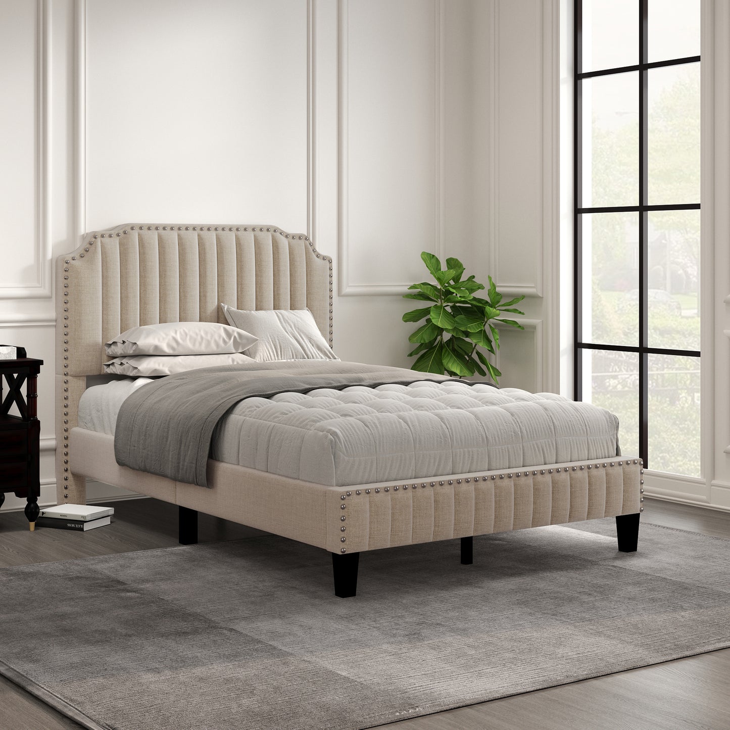 Modern Linen Curved Upholstered Platform Bed , Solid Wood Frame , Nailhead Trim, Beige (Full)