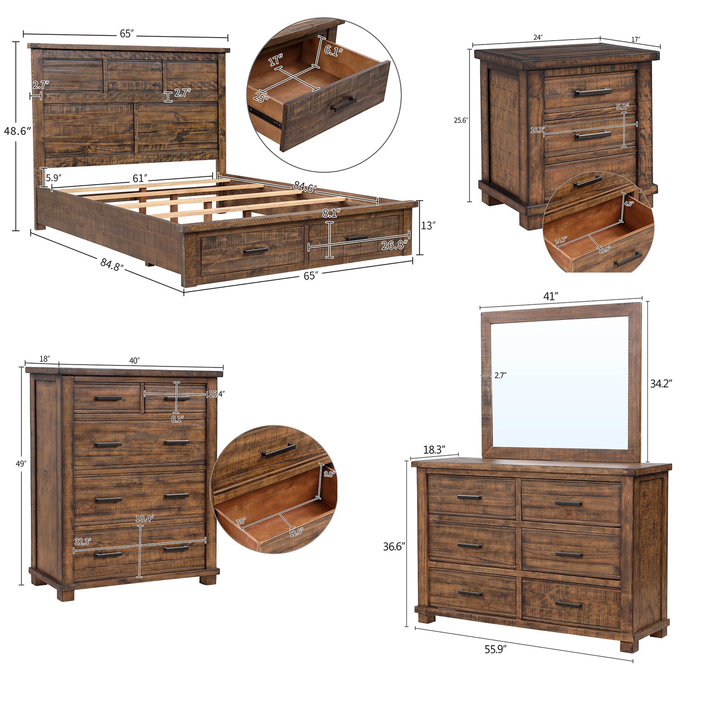 Rustic Reclaimed Solid Wood Framhouse 6 Pieces Storage Queen Bedroom Sets, new