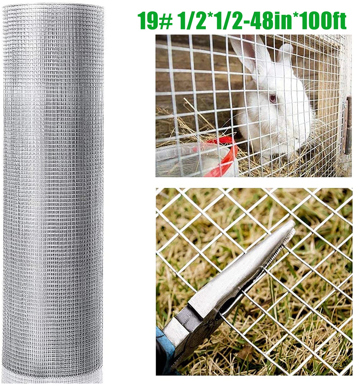 Hardware Cloth 1/2 inch 48in x 100ft 19 Gauge, Hot-dip Galvanized After Welding Chicken Wire Fence Roll Garden Plant Welded Metal Wire Fencing Roll, Rabbit Cages Snake Fence