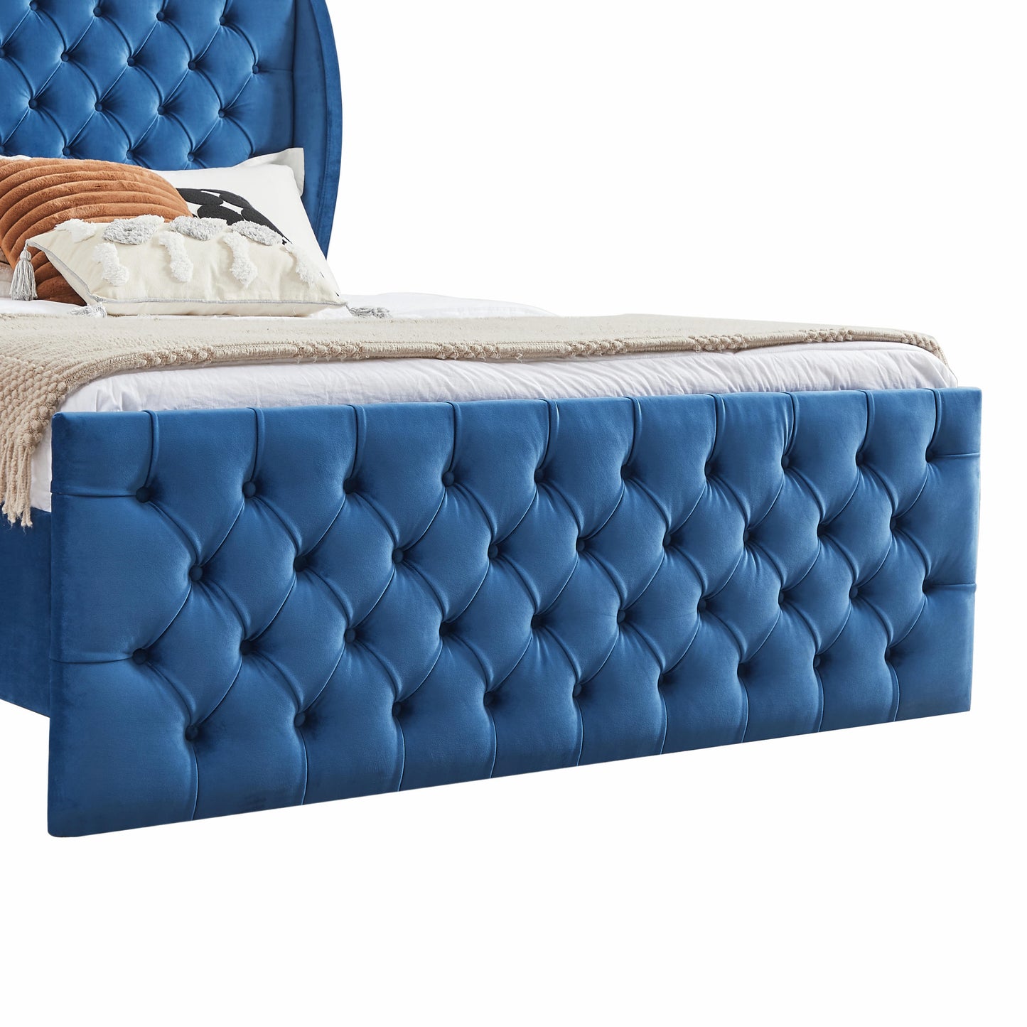 Rodeo Drive Collection Upholstered Wingback Velvet Fabric Chesterfield Bed/Button Tufted Headboard with Vintage Wing/Wood Slat Support/Easy Assemble. Queen-Blue