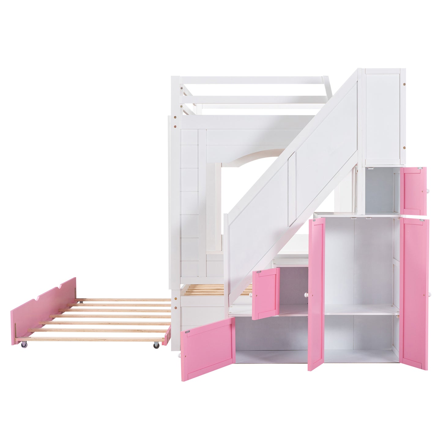 Full Over Full Bunk Bed with Trundle ,Stairs,Ladders Solid Wood Bunk bed with Storage Cabinet (White + Pink)