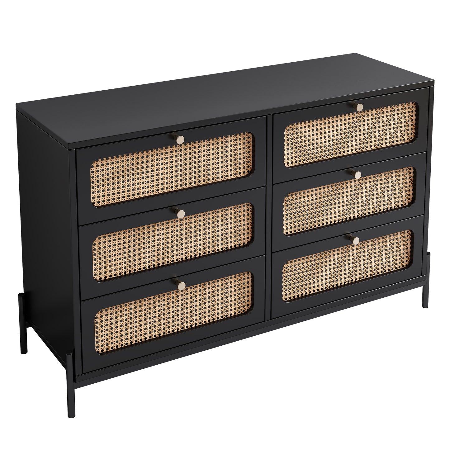 Modern Cannage Rattan Wood Closet 6-Drawer Dresser Wood Storage Cabinet Sideboard for Bedroom, Living Room, Entryway, Hallway, Black